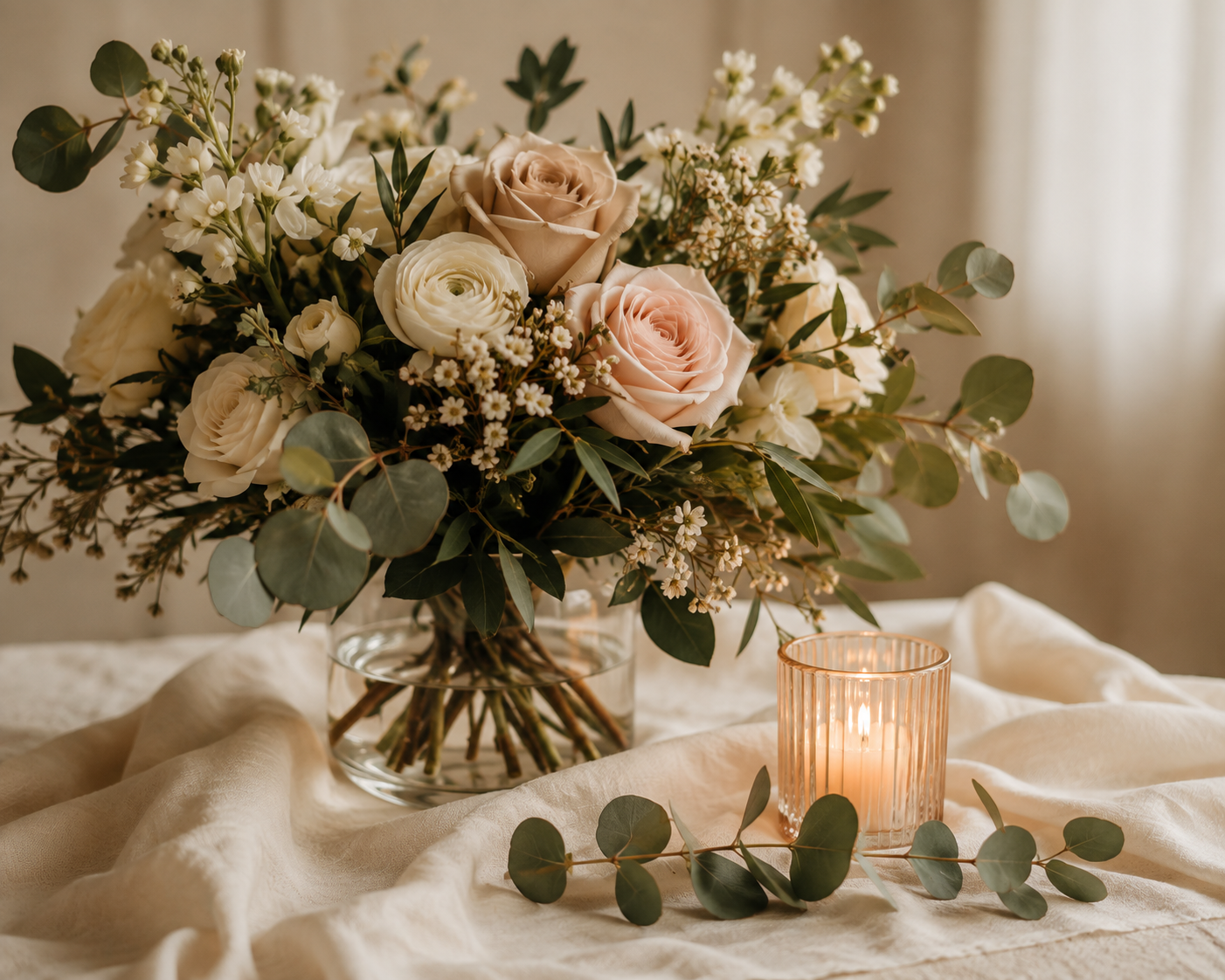 A bouquet of white and blush pink roses, small white flowers, and green eucalyptus leaves in a clear glass vase on a cream-colored tablecloth, with a lit candle in a ribbed glass holder nearby.