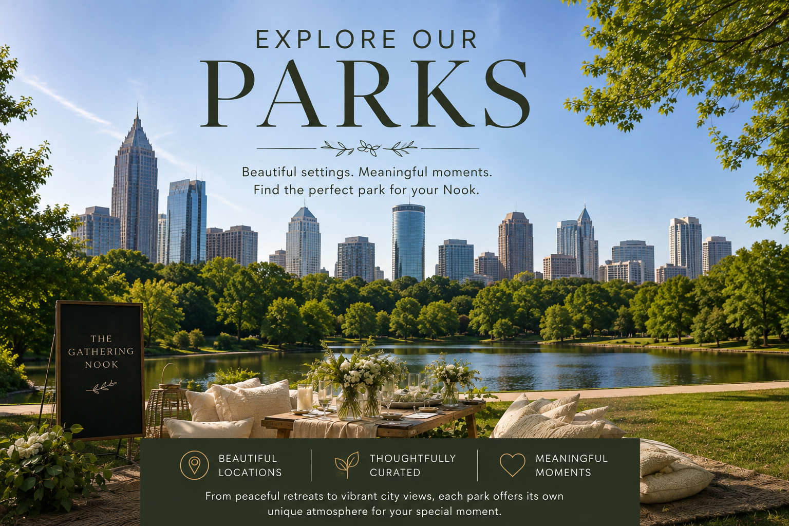 A scenic park with a lake and a city skyline in the background. A picnic setup with flowers, cushions, and tableware is in the foreground. The text promotes exploring parks for meaningful moments.