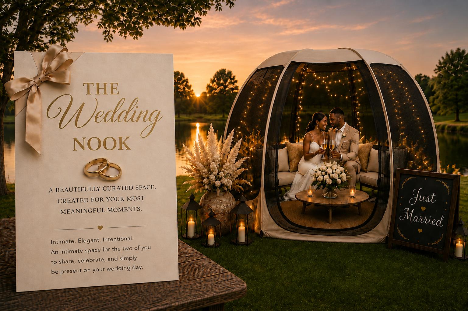 A couple on their wedding day sitting inside a cozy, illuminated, bubble-like pod near a lake at sunset. They are holding glasses of champagne and smiling at each other, surrounded by decorative candles and flowers. A sign near them reads "Just Married."