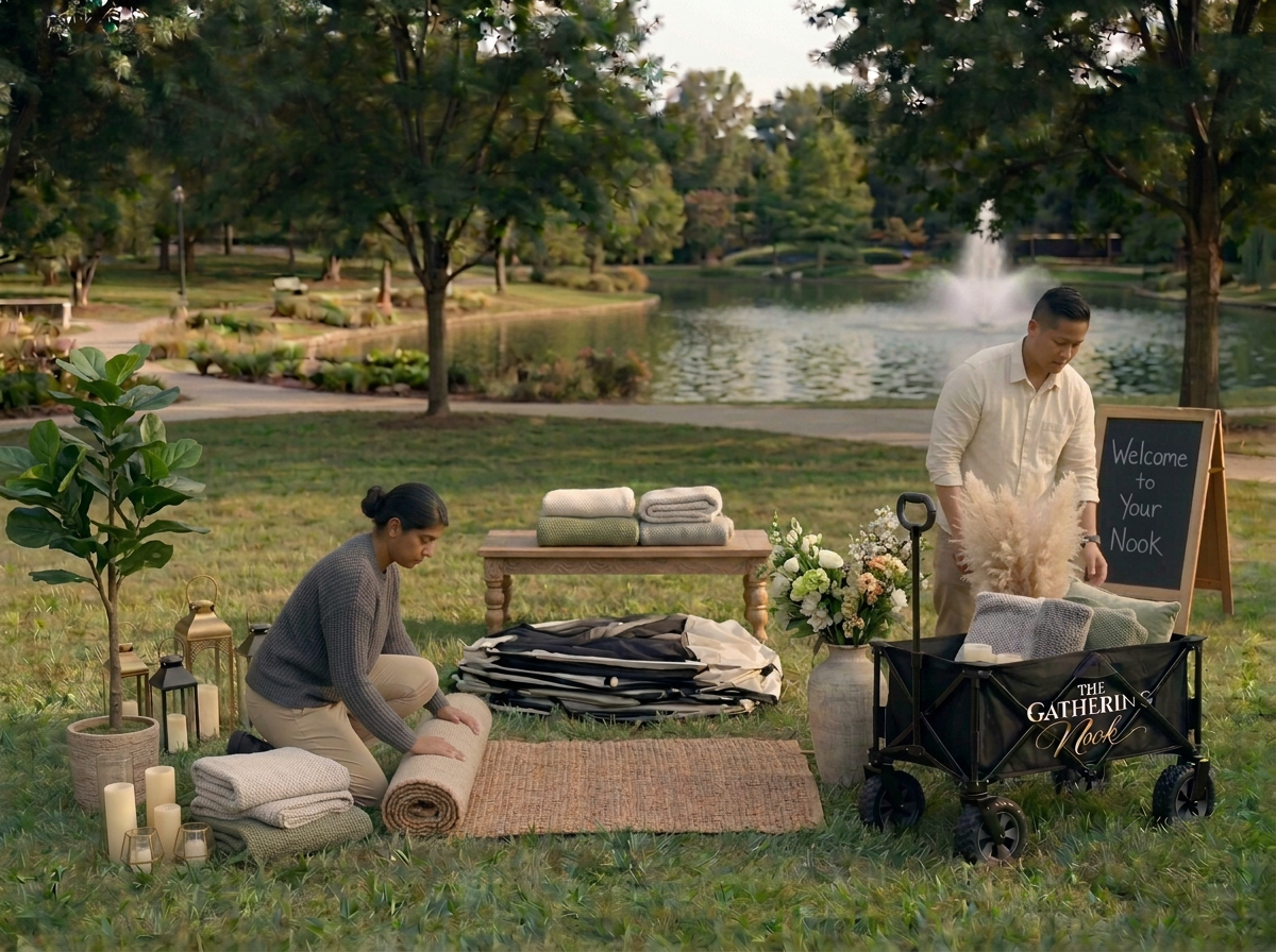 Two people setting up a gathering in a park near a pond, with tables of folded towels, blankets, and decorative lanterns, and a chalkboard sign that says "Welcome to Your Nook."