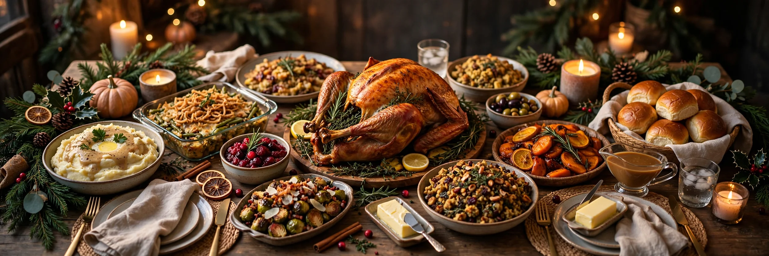 Festive holiday feast with a roasted turkey and all the fixings