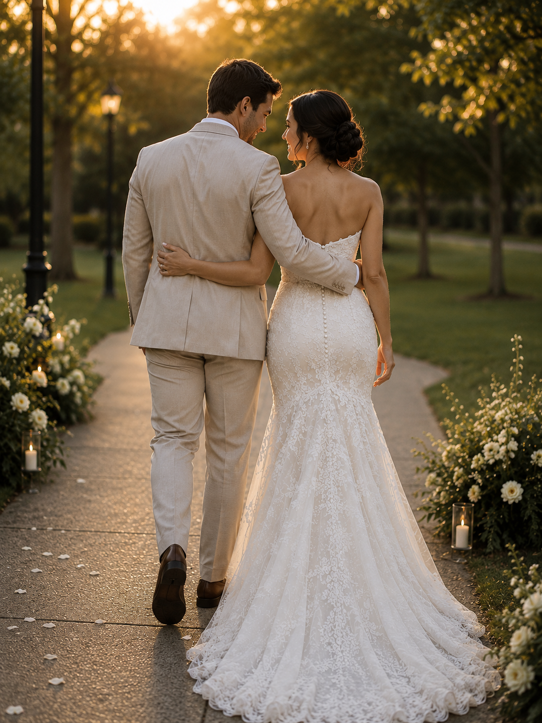 A newlywed couple holding each other on a wedding walk during sunset, with trees and floral decorations along the path.