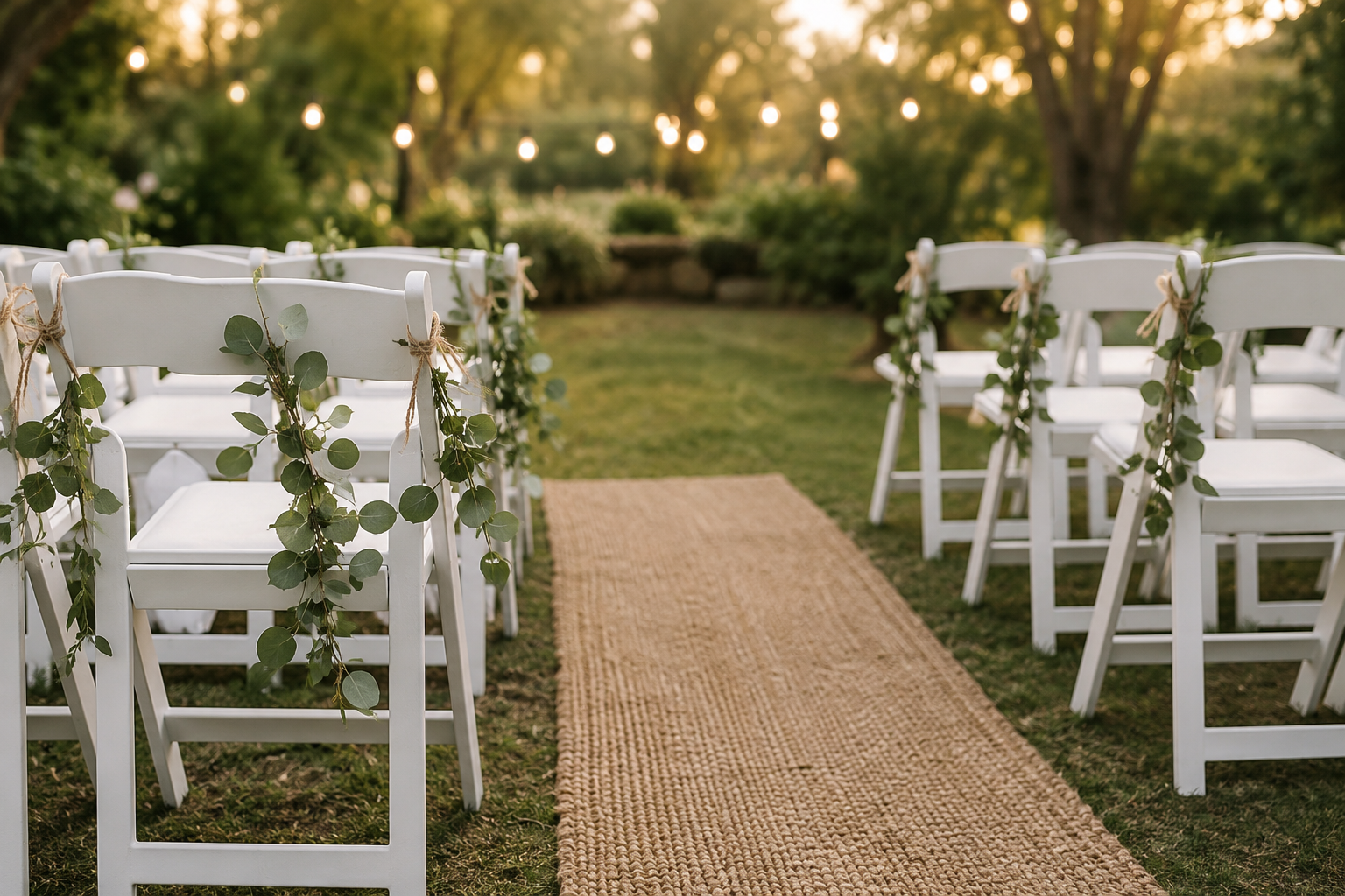Outdoor wedding ceremony setup with white chairs decorated with greenery, a woven aisle runner, and warm string lights in a lush garden at sunset.
