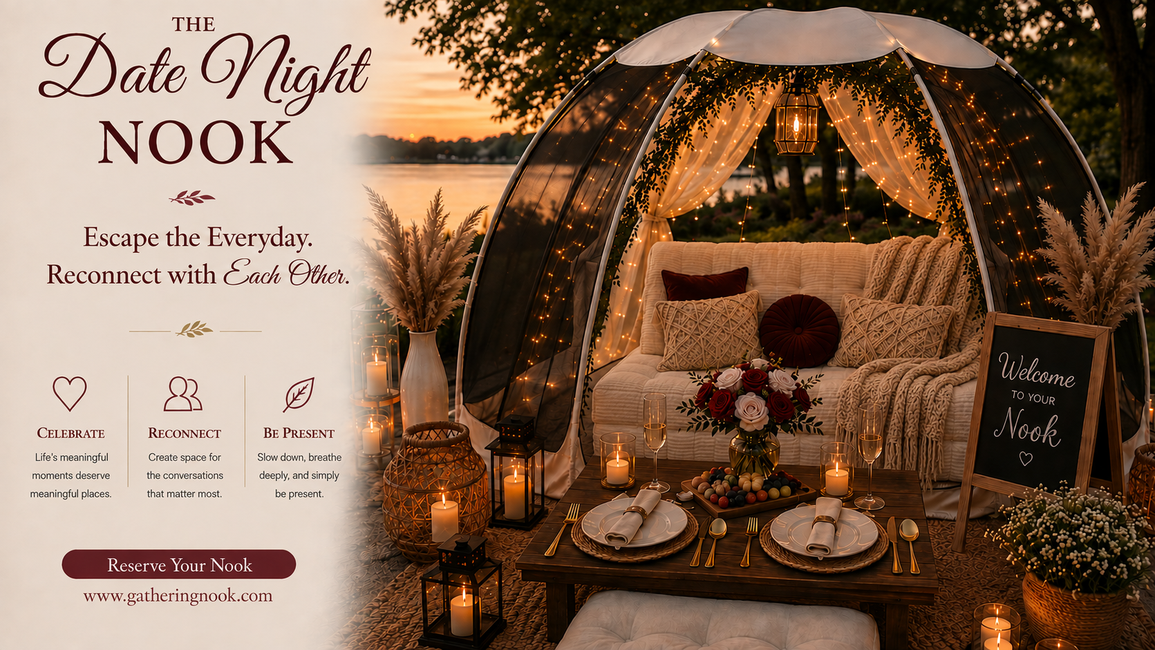 A cozy outdoor date night setup with a canopy tent decorated with string lights, surrounding plants, candles, and a table set for two with plates, glasses, and a flower arrangement on a lakeside at sunset. A chalkboard sign welcomes guests to their "Nook."
