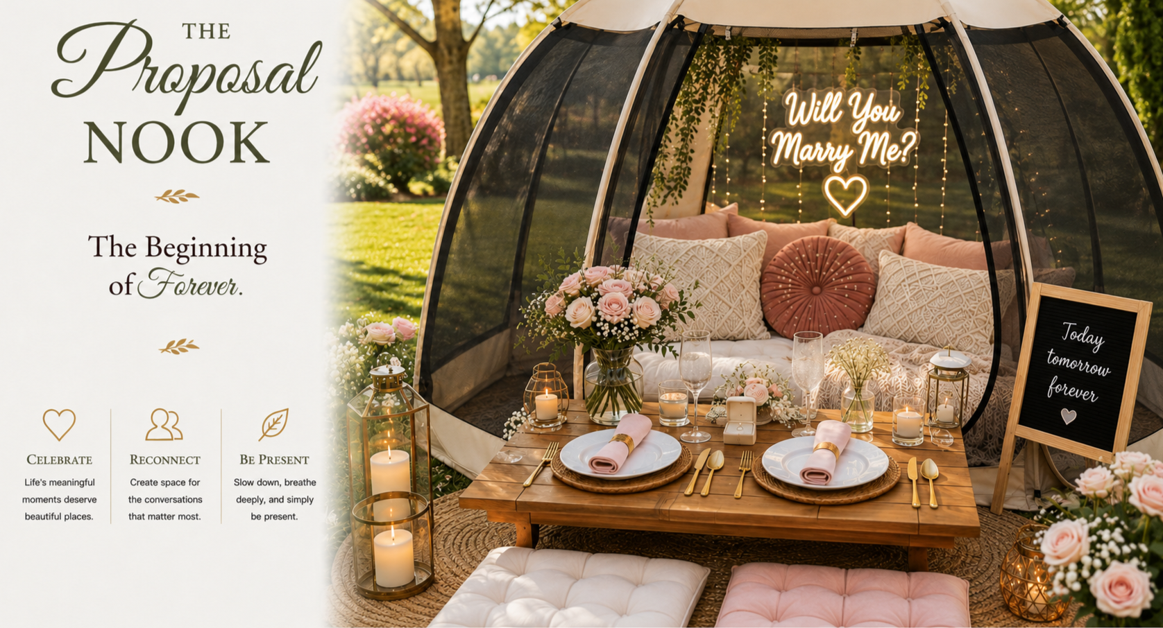 A romantic outdoor proposal setup inside a clear bubble tent with pink and white pillows, string lights, and a neon sign asking 'Will You Marry Me?' in a park with greenery and flowers. In front, a table is decorated with candles, flowers, plates, and cutlery.