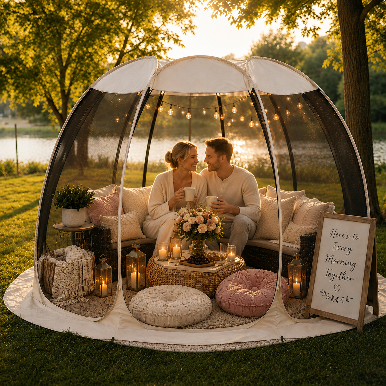 A smiling couple sitting inside a cozy outdoor canopy tent by the lake during sunset, holding mugs, surrounded by candles, flowers, pillows, and a sign that reads "Here's to every morning together."