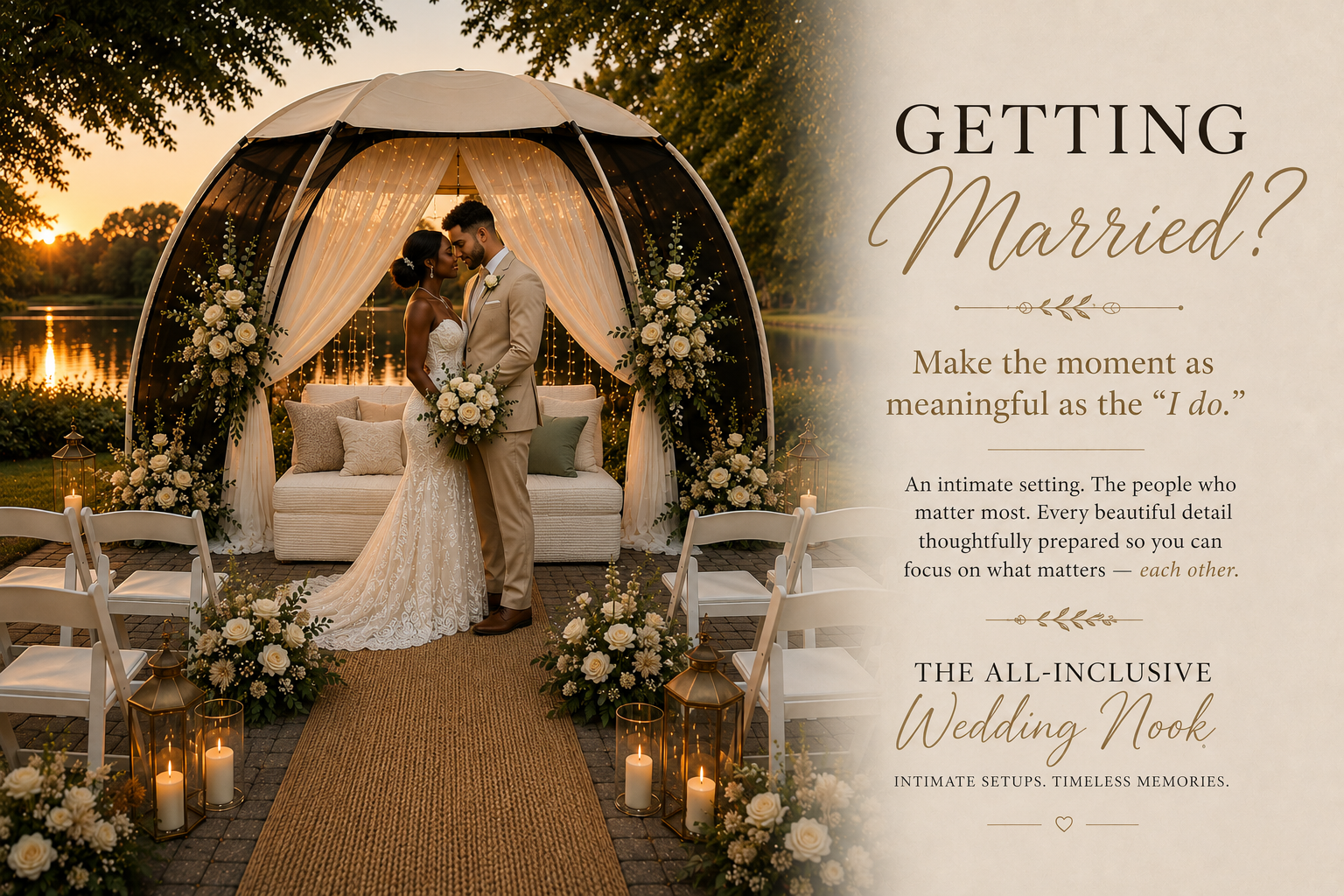 A couple getting married outdoors at sunset, standing under a decorated canopy with flowers and string lights, beside a body of water.