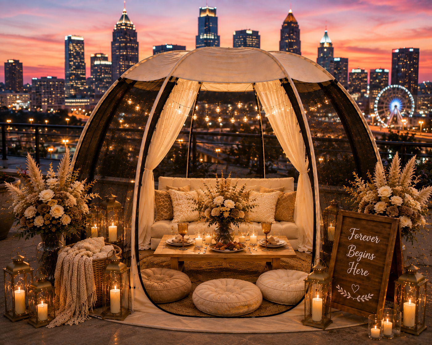 Overlooking a city skyline at sunset, a cozy outdoor seating area with a canopy, string lights, candles, floral arrangements, and a wooden sign that reads 'Forever Begins Here'.