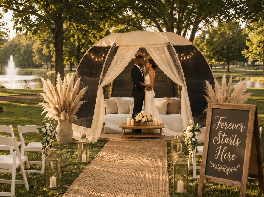 A couple standing inside a tent-like outdoor wedding setting by a pond, with trees and a fountain in the background, surrounded by candles, flowers, and a sign that reads 'Forever Starts Here.'