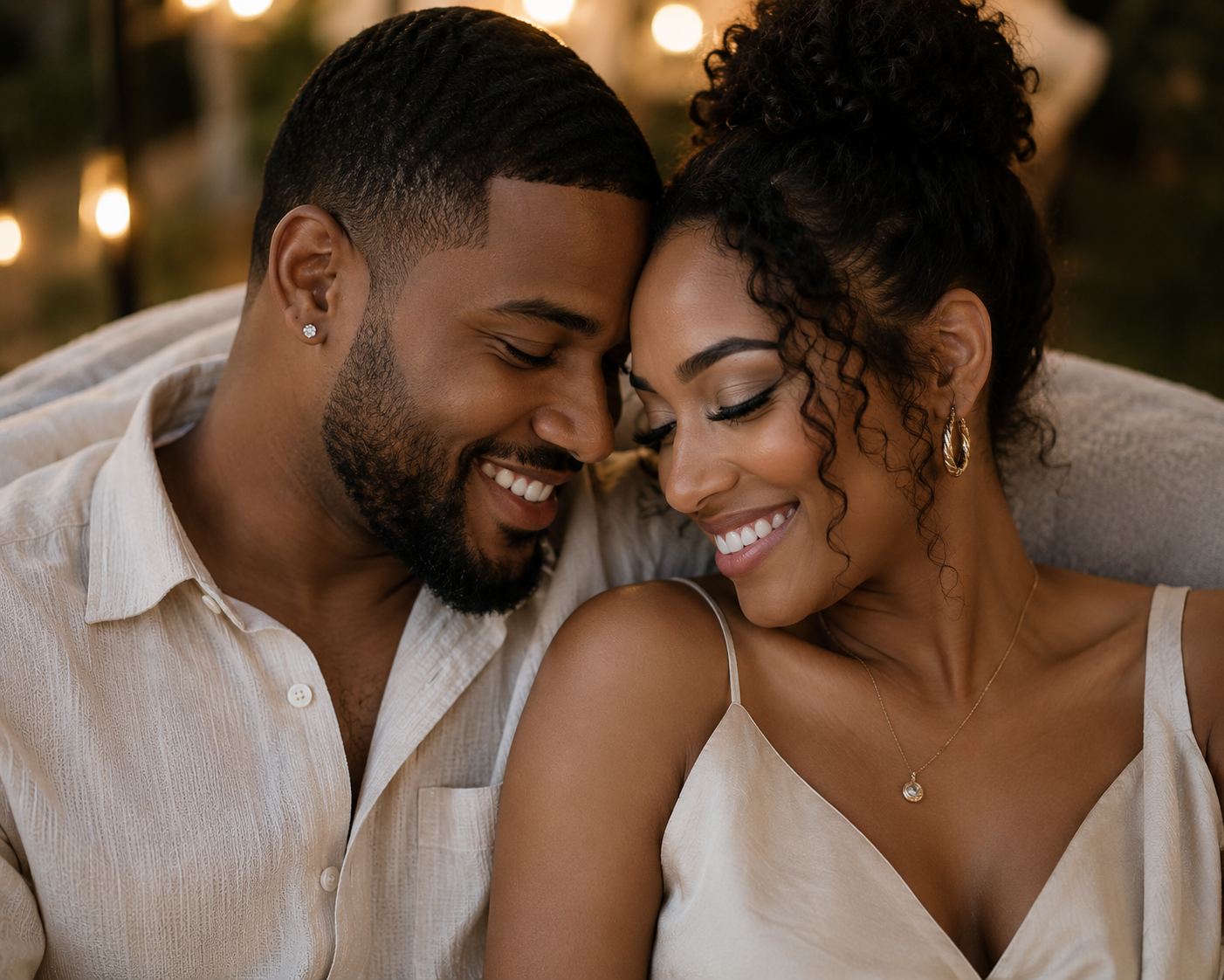 A happy couple, a man and woman, closely sitting together with foreheads touching, smiling in a cozy setting with warm lights in the background.