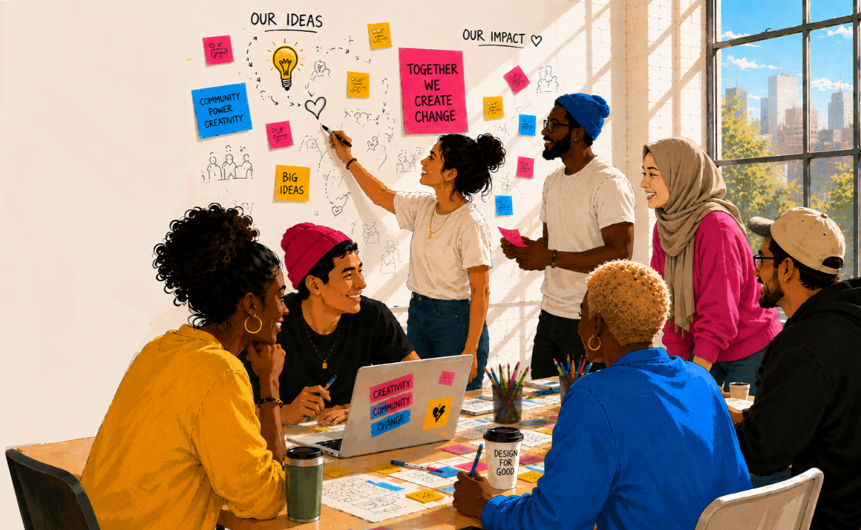 A diverse group of seven people in a creative meeting room with big windows. Five individuals are seated around a table with laptops, notebooks, and colorful sticky notes. Two people are standing at a whiteboard filled with colorful sticky notes and drawings, discussing ideas for creating change and community impact.