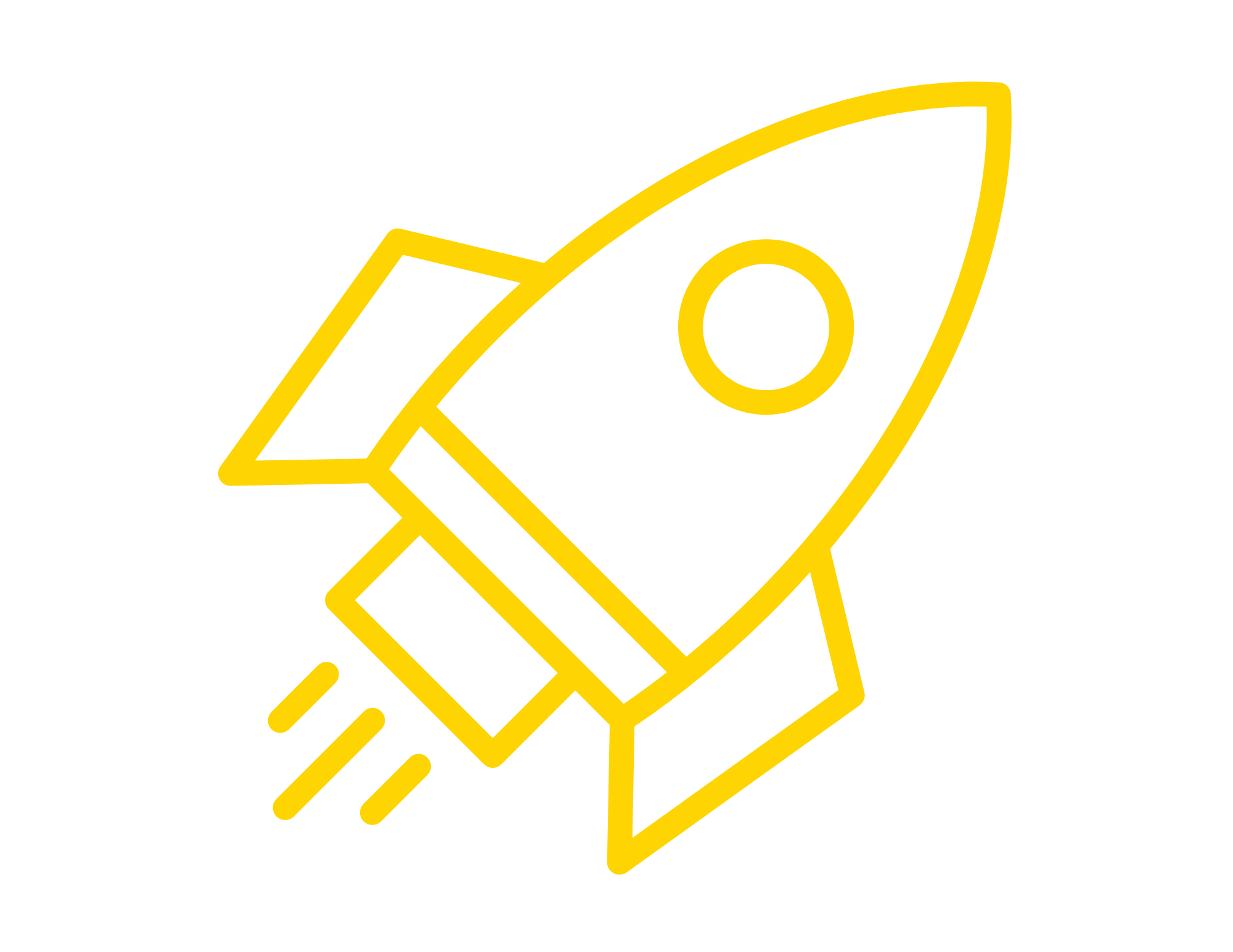 A yellow line drawing of a rocket ship with an outstretched hand gripping it.