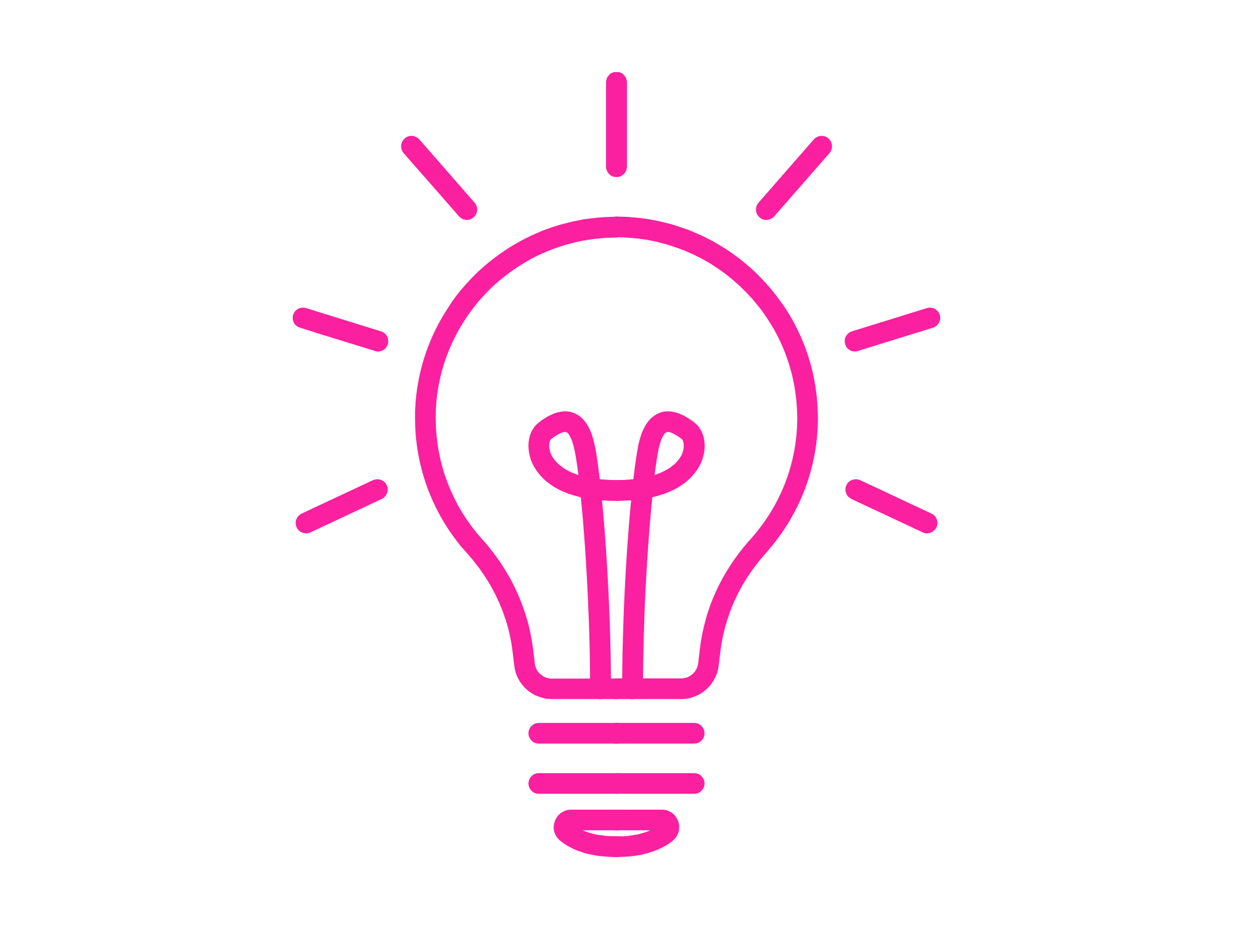 Pink outline of a light bulb with a pig's face inside, surrounded by radiating lines.