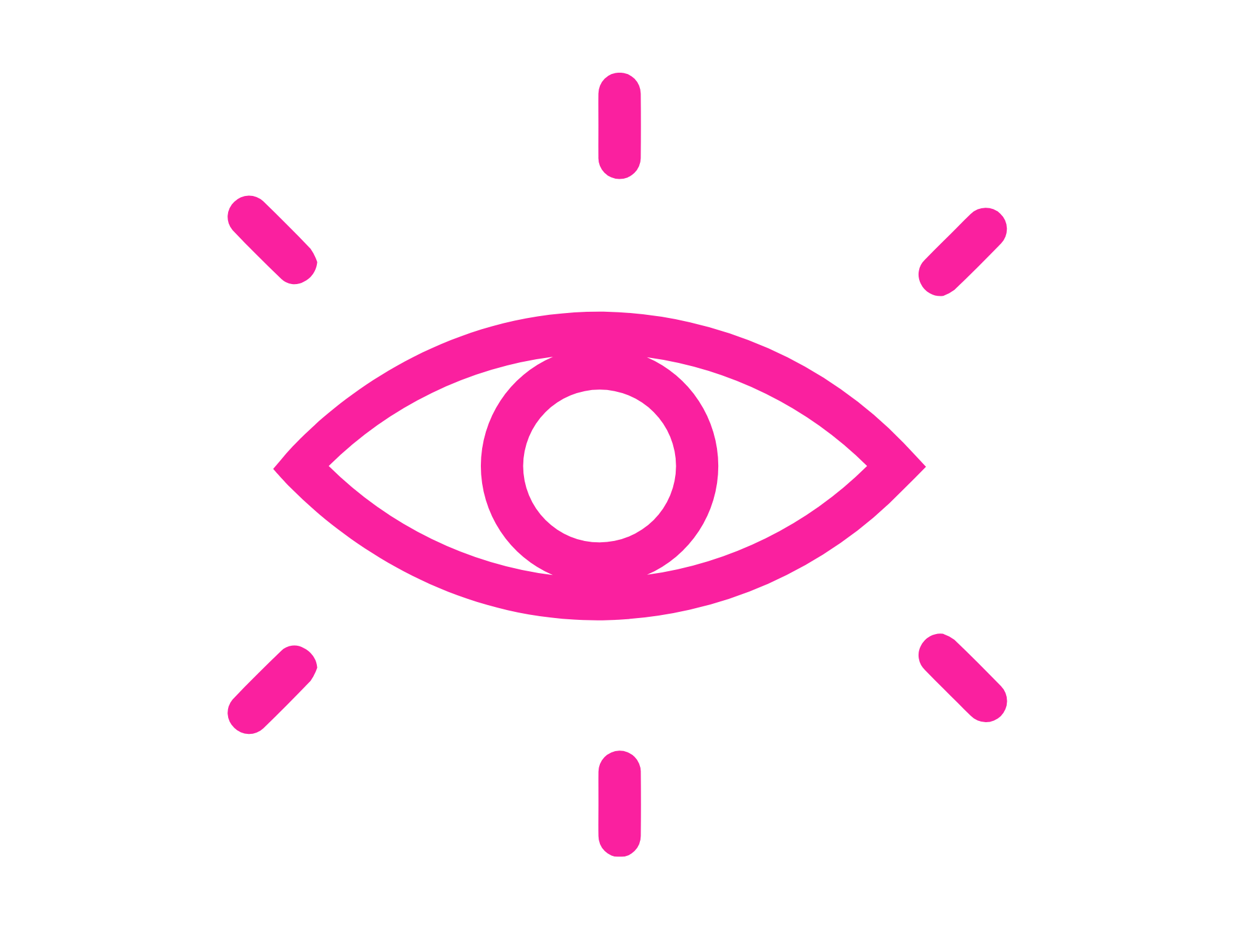 Pink line art of a human eye and eye-related symbols on a black background.