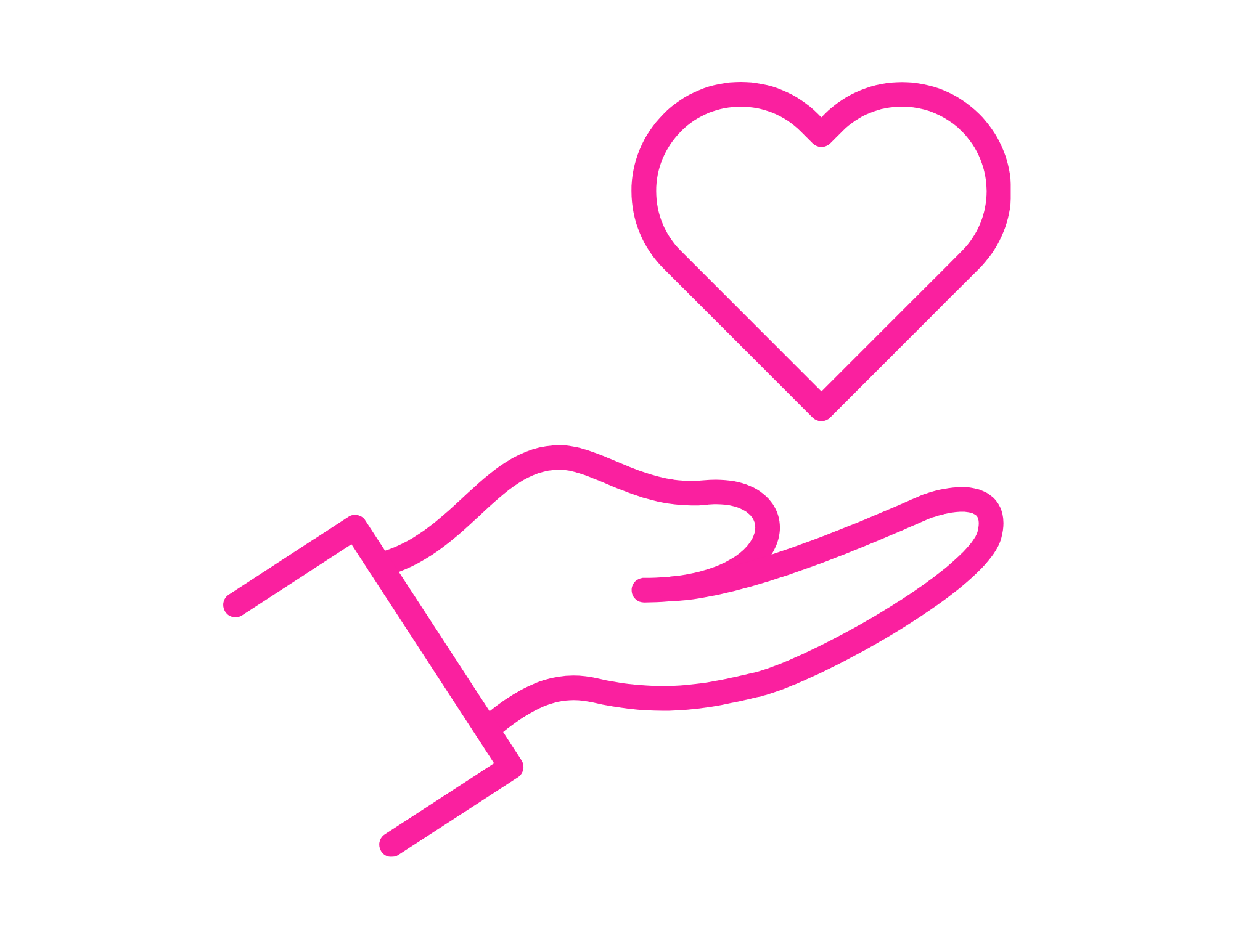 Pink neon outline of a hand holding a heart with a star above it on a black background.