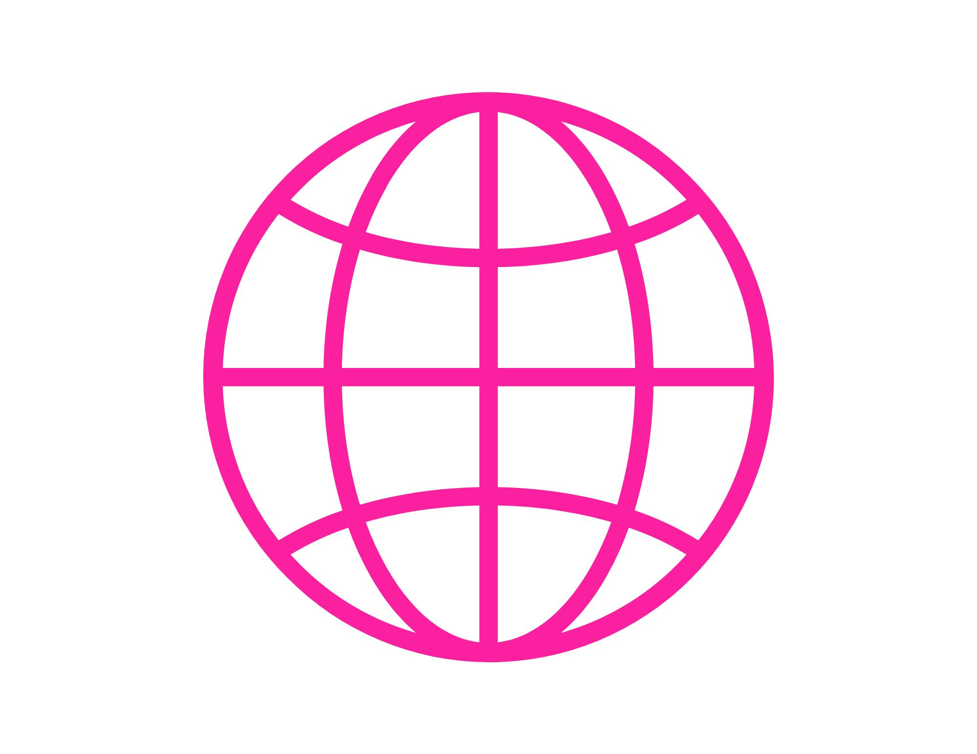 Pink outline globe with grid lines on a black background.