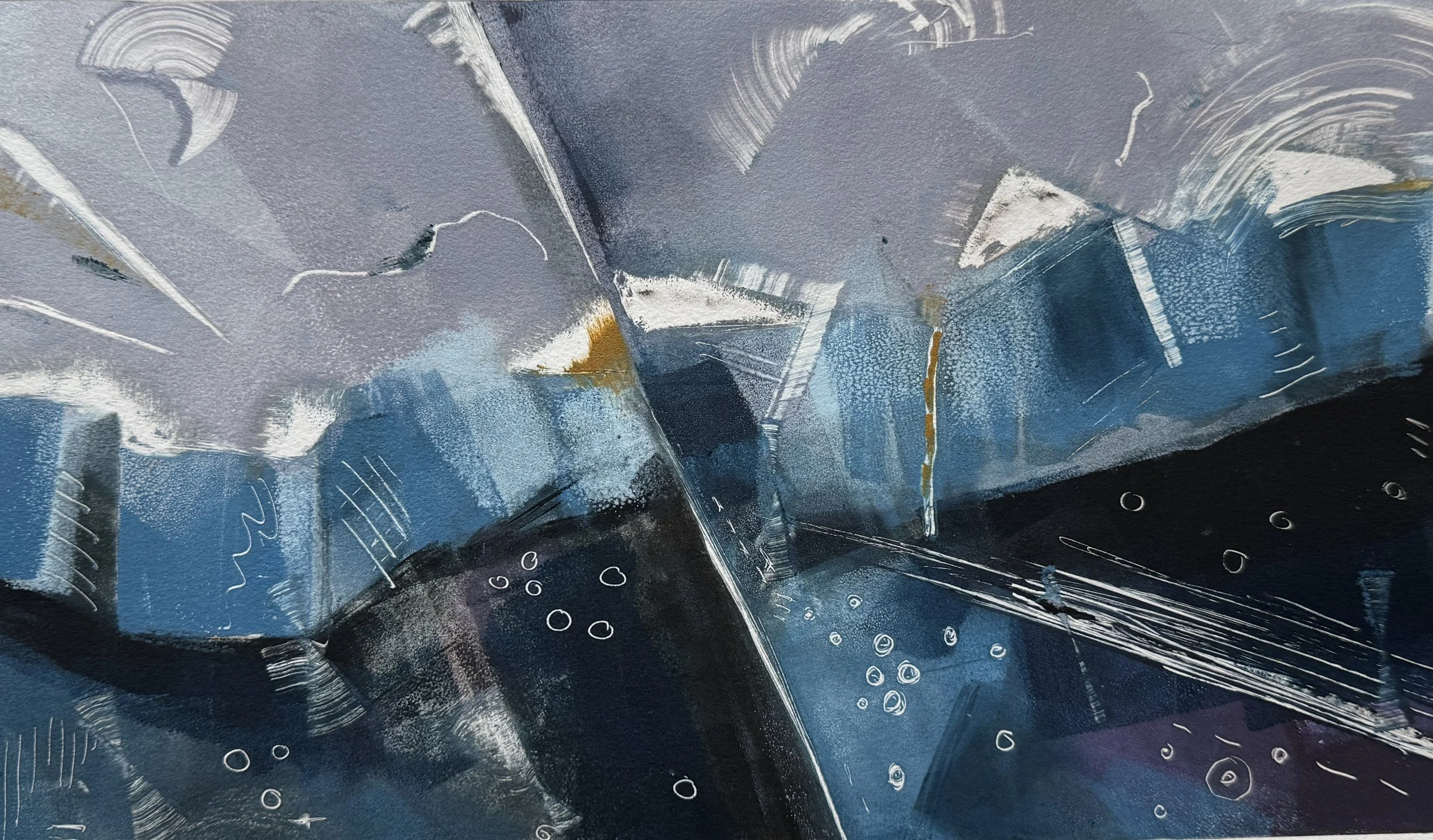 An abstract painting with shades of blue, black, gray, and white, featuring swirling lines, geometric shapes, and small circular details.