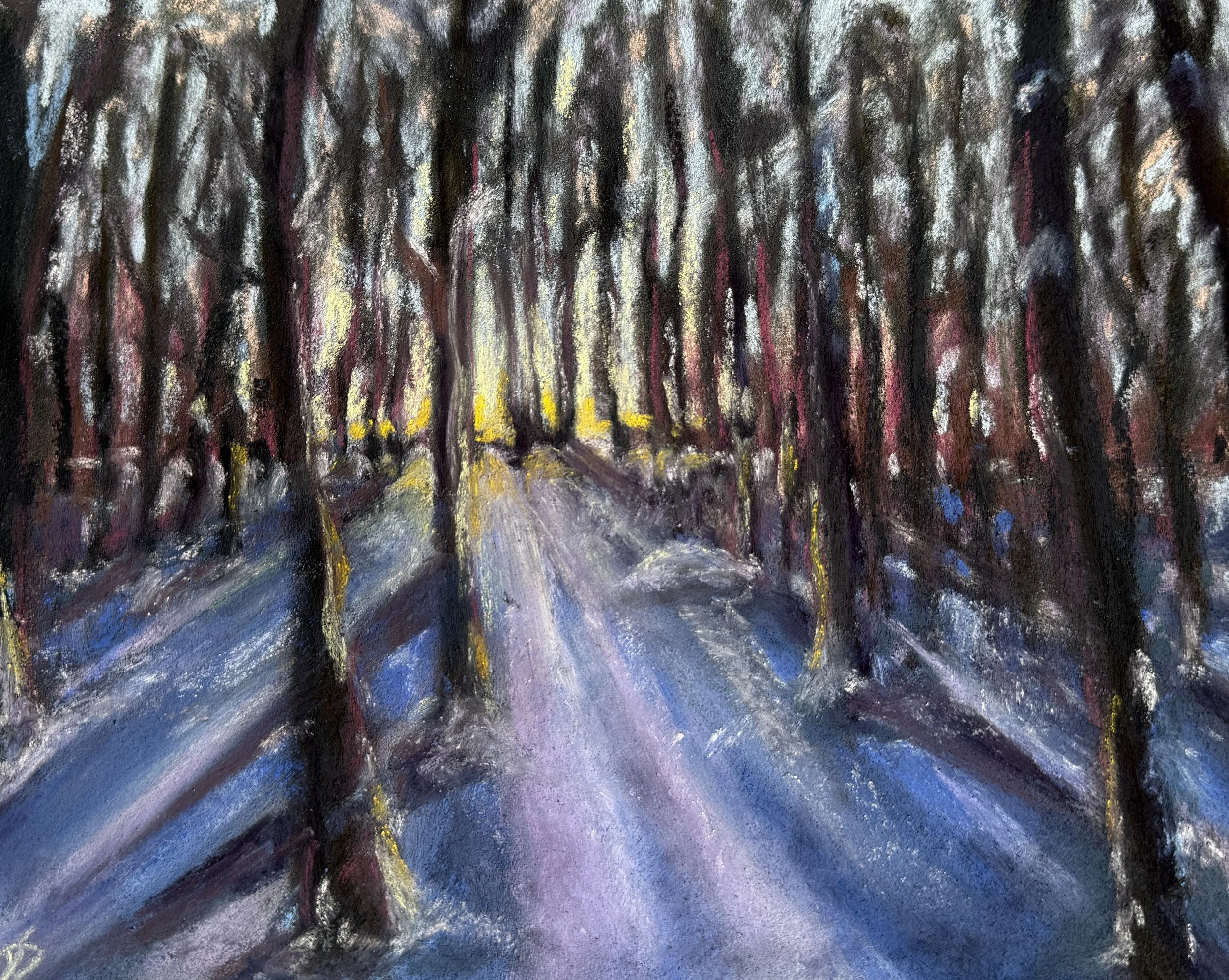 A nighttime street scene painted in an impressionist style, with tall trees lining a illuminated path and buildings in the background.