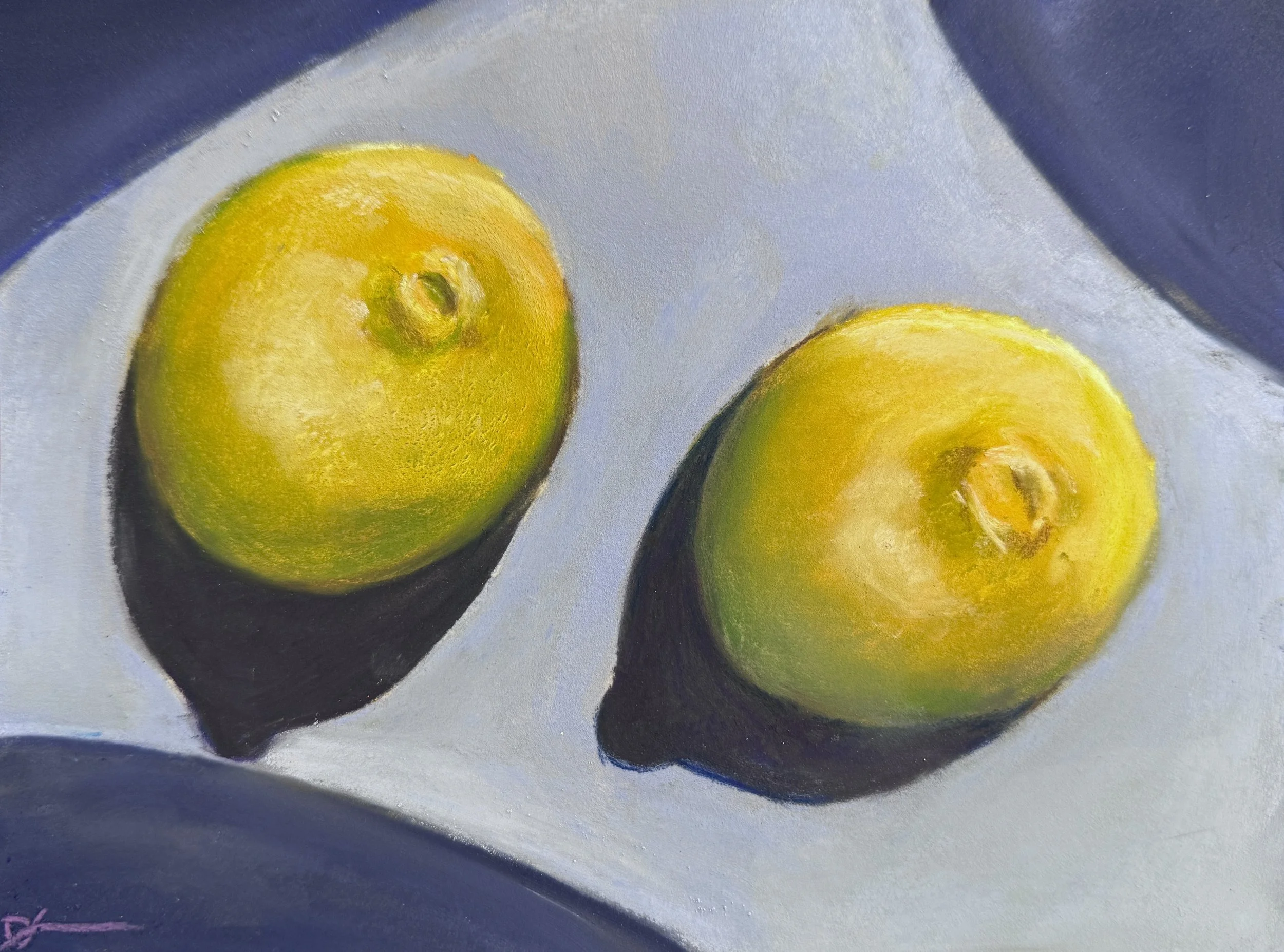 Close-up of a painting featuring two greenish-yellow round fruits, possibly lemons, on a surface with shades of blue and gray.