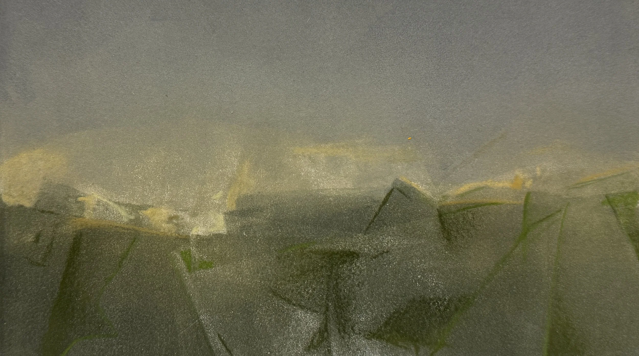 Close-up of a surface with noise and tiny particles, with some grass stems at the bottom.