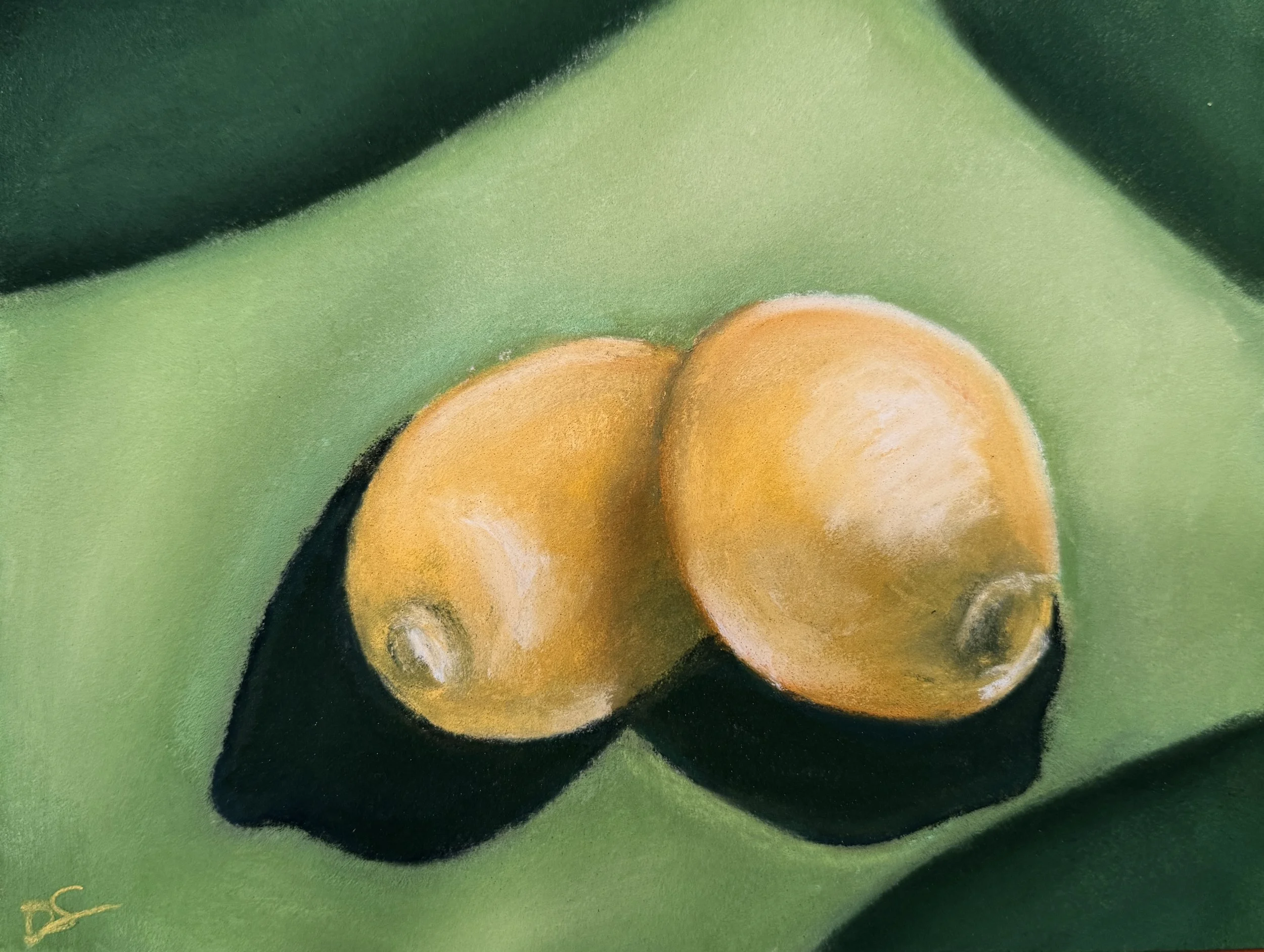 Close-up of a painting or illustration depicting a fragment of a face with black hair, containing a visible eye and palm leaves in the background.