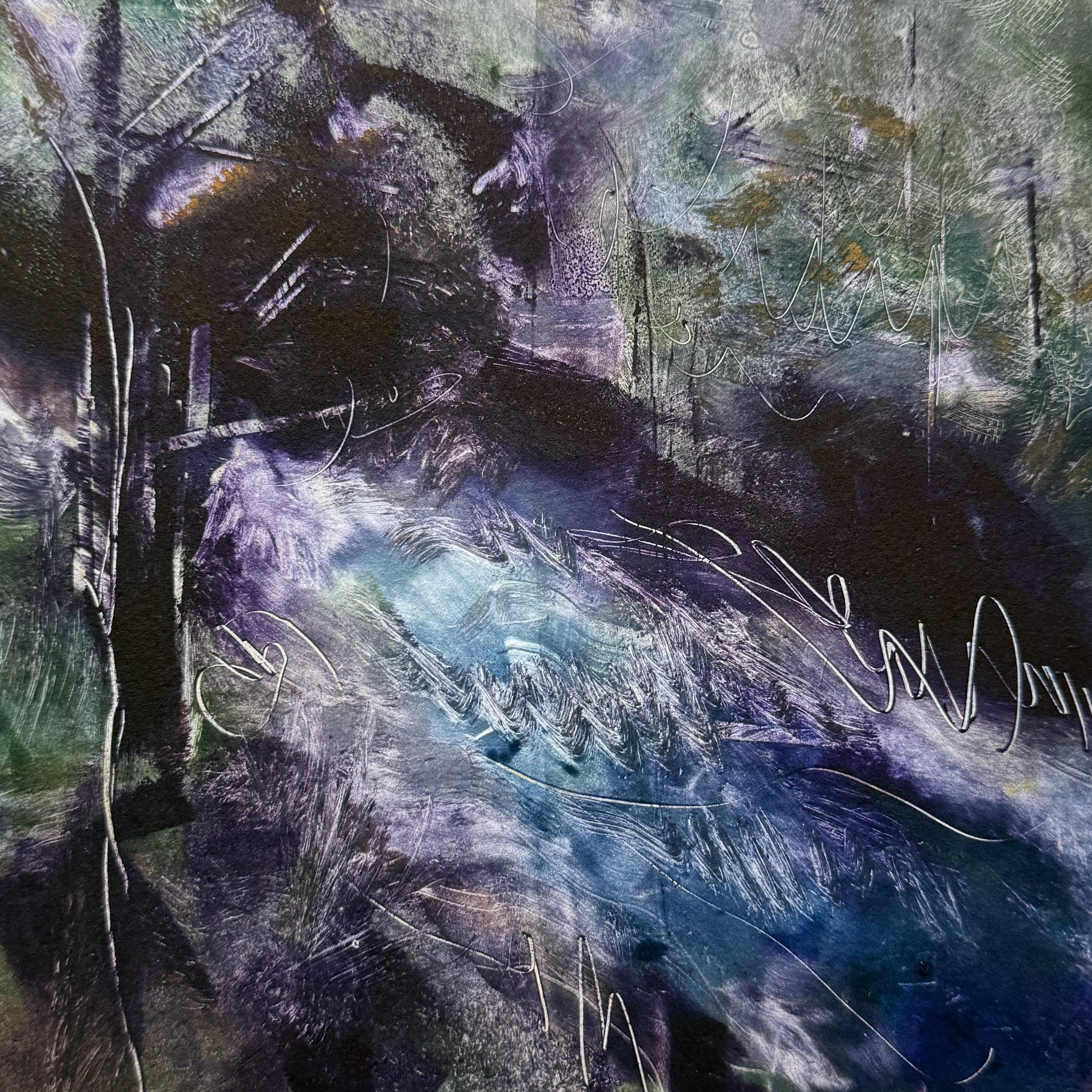 An abstract painting with various colors, textures, and swirling lines on a dark background.