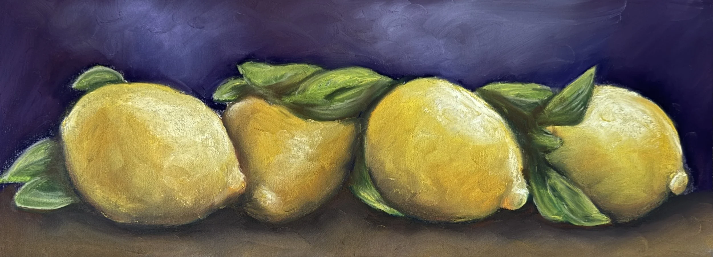 A still life painting of three yellow lemons with green leaves, set against a dark background.