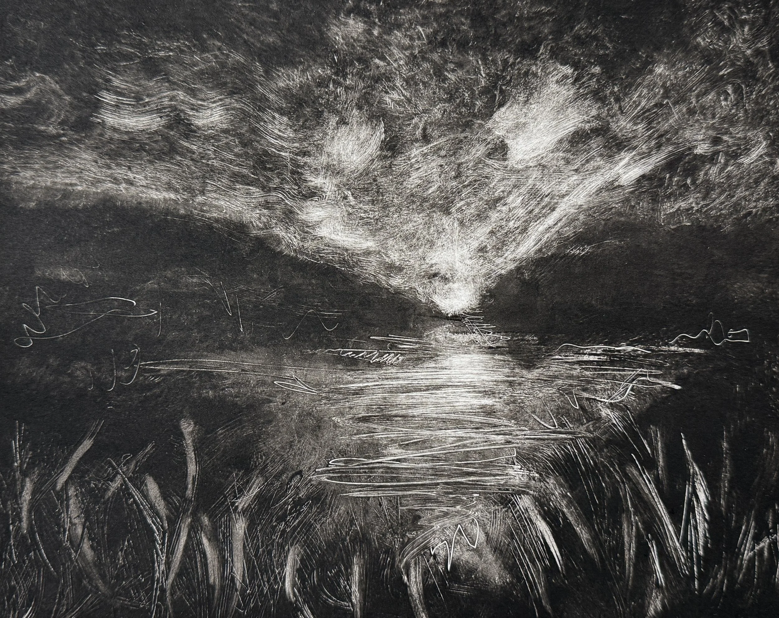 Close-up of a dark surface with numerous scratch marks and smudges, some appearing like random scribbles or abstract patterns.