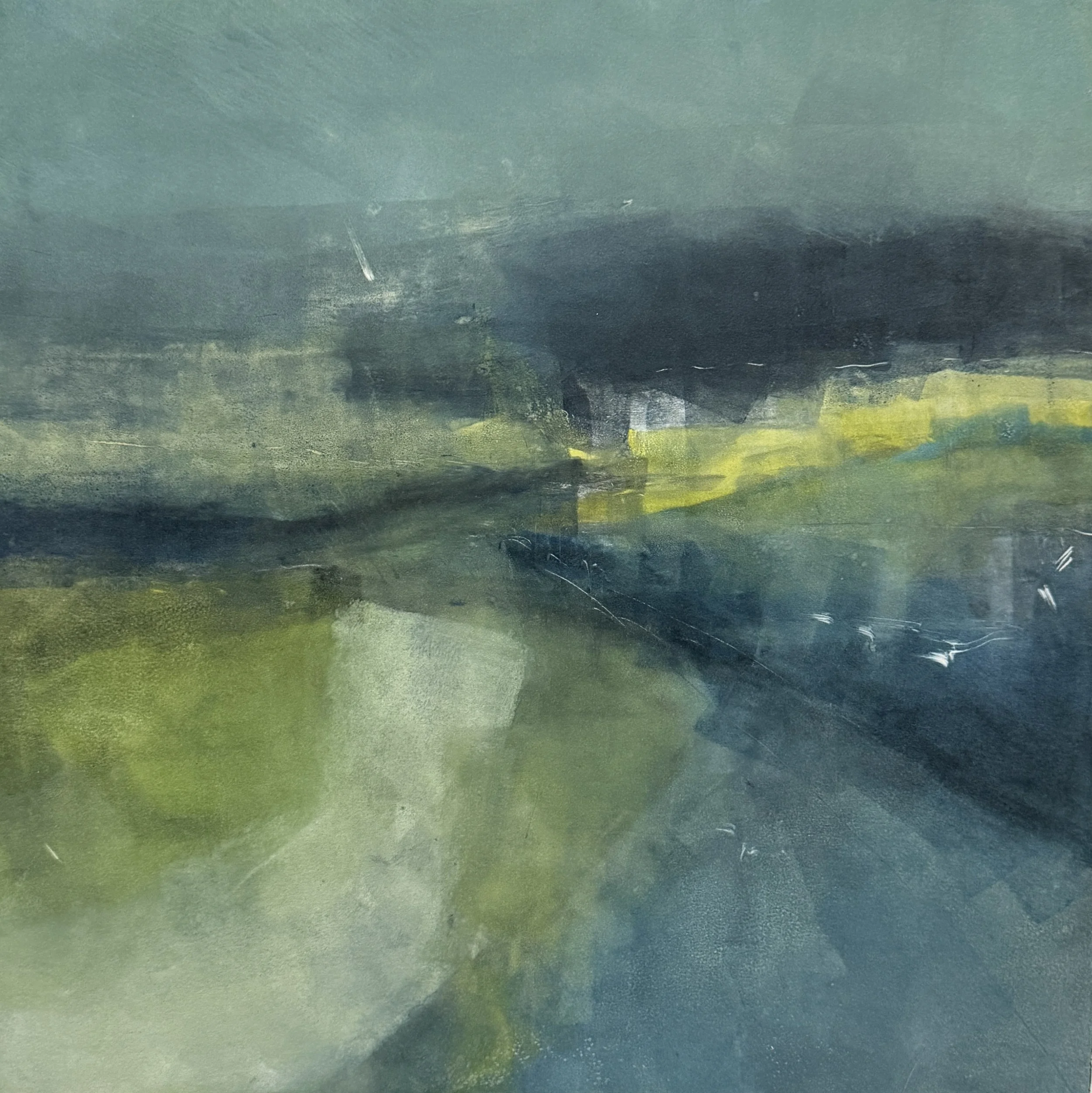 Abstract watercolor painting with horizontal strokes of green, blue, and yellow hues blending into each other.
