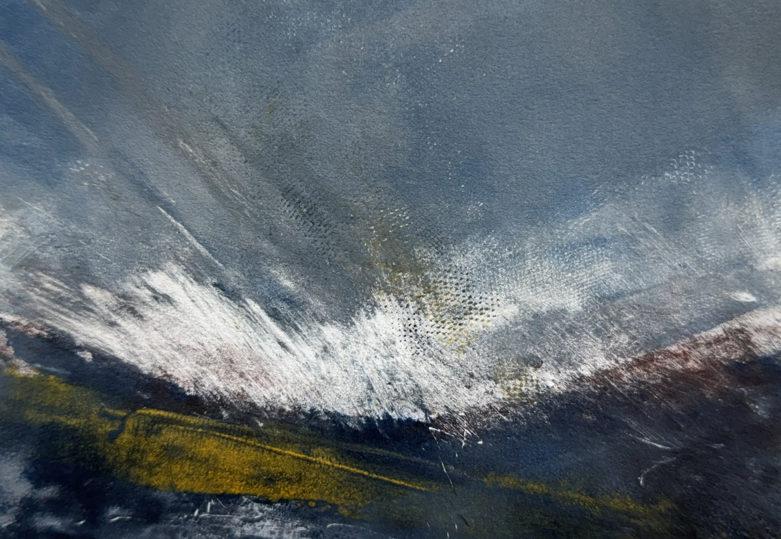 An abstract painting with a mix of blue, white, black, and hints of yellow and green colors, featuring textured brush strokes and layered paint.