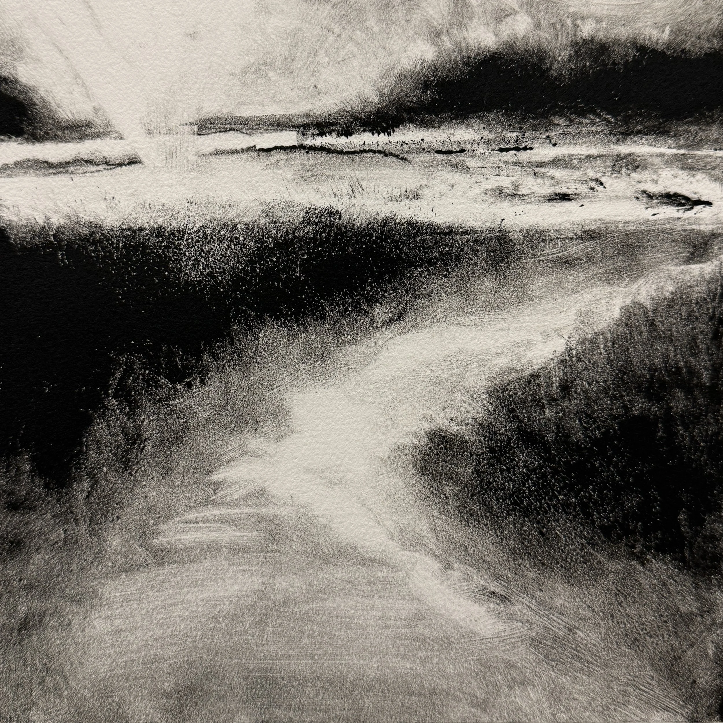 A black and white abstract drawing that appears to depict a landscape or seascape with clouds, water, and land formations in a textured style.