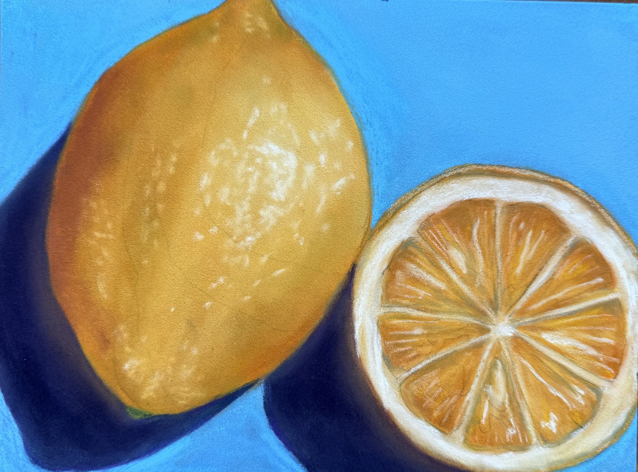 Close-up of watercolor painting of sliced orange and lemon on a blue background.