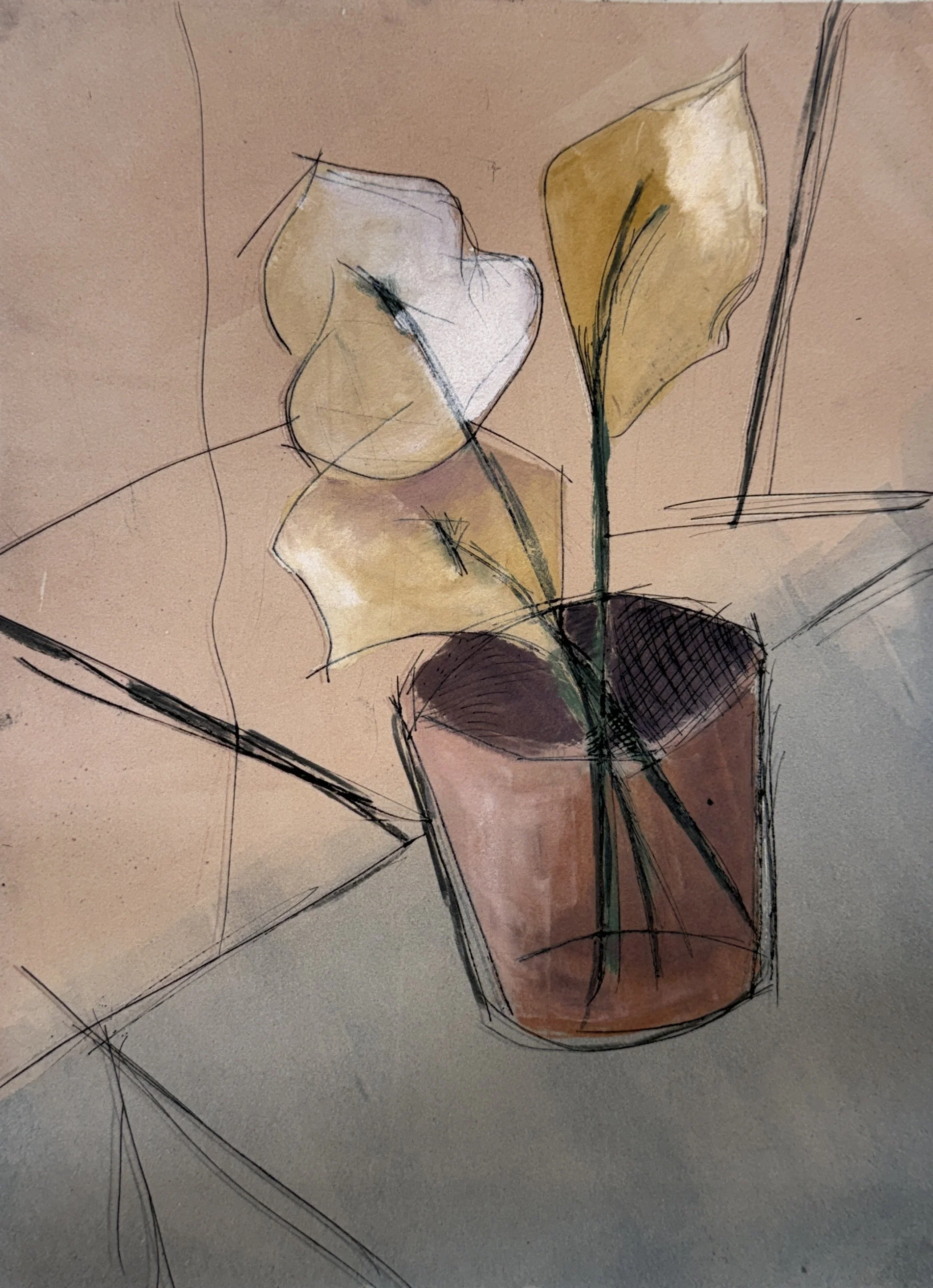 A still life drawing of a glass of liquid with abstract leaves in it, using loose lines and watercolor shading.
