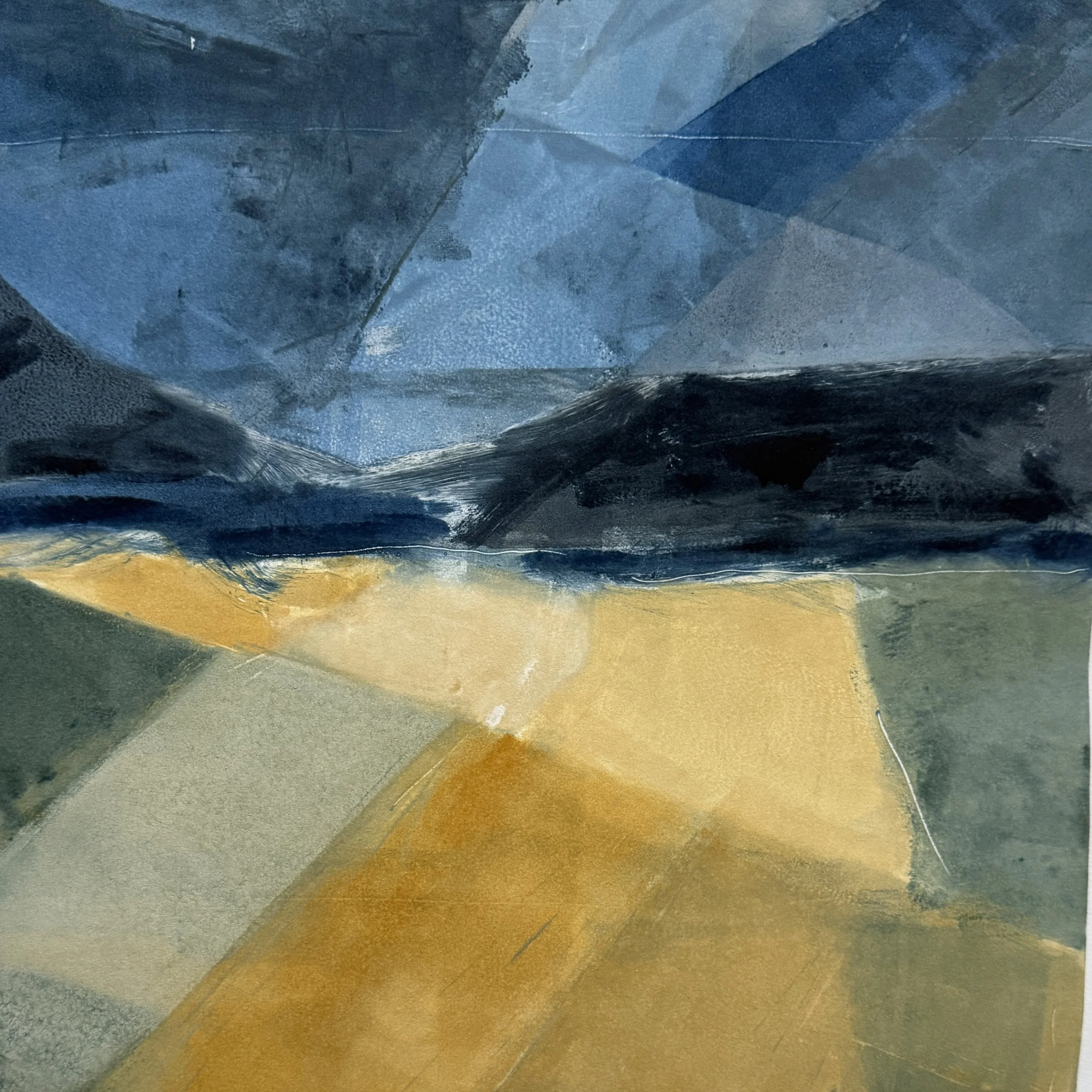 Abstract painting with blue, yellow, green, and black brushstrokes and textures.