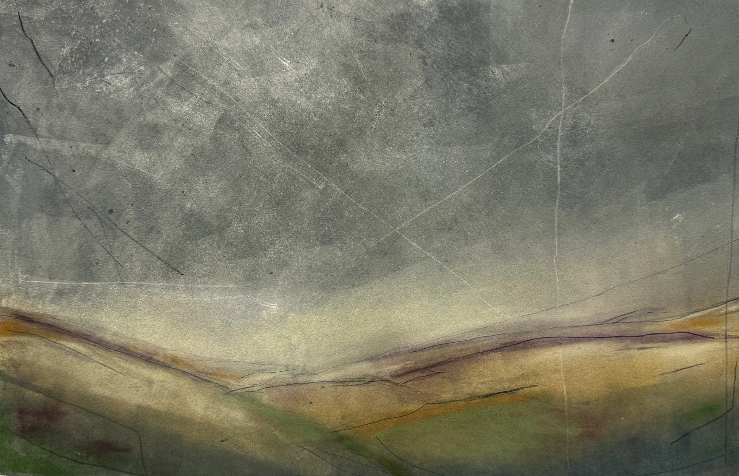 A textured surface with visible scratches, cracks, and multicolored shading, resembling a painted or weathered wall or floor.