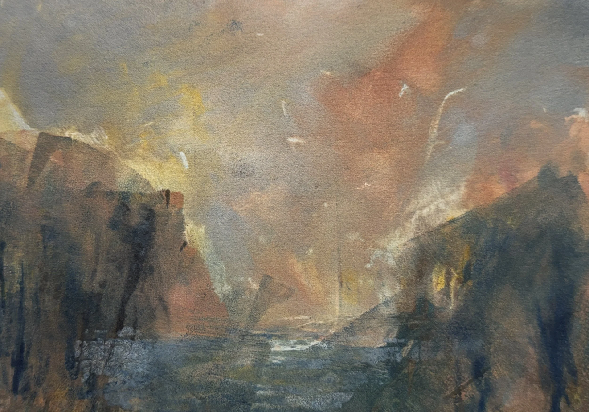 A hazy landscape scene painted with oil or watercolor, featuring dark trees in the foreground, a misty valley, and a sky with warm, muted tones of orange, yellow, and gray.