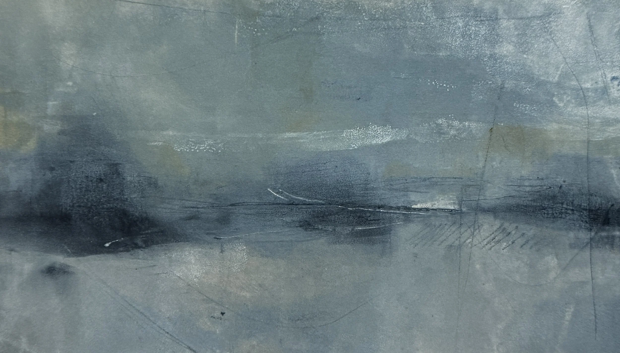 Abstract metallic surface with scratches and textures in shades of blue and gray.