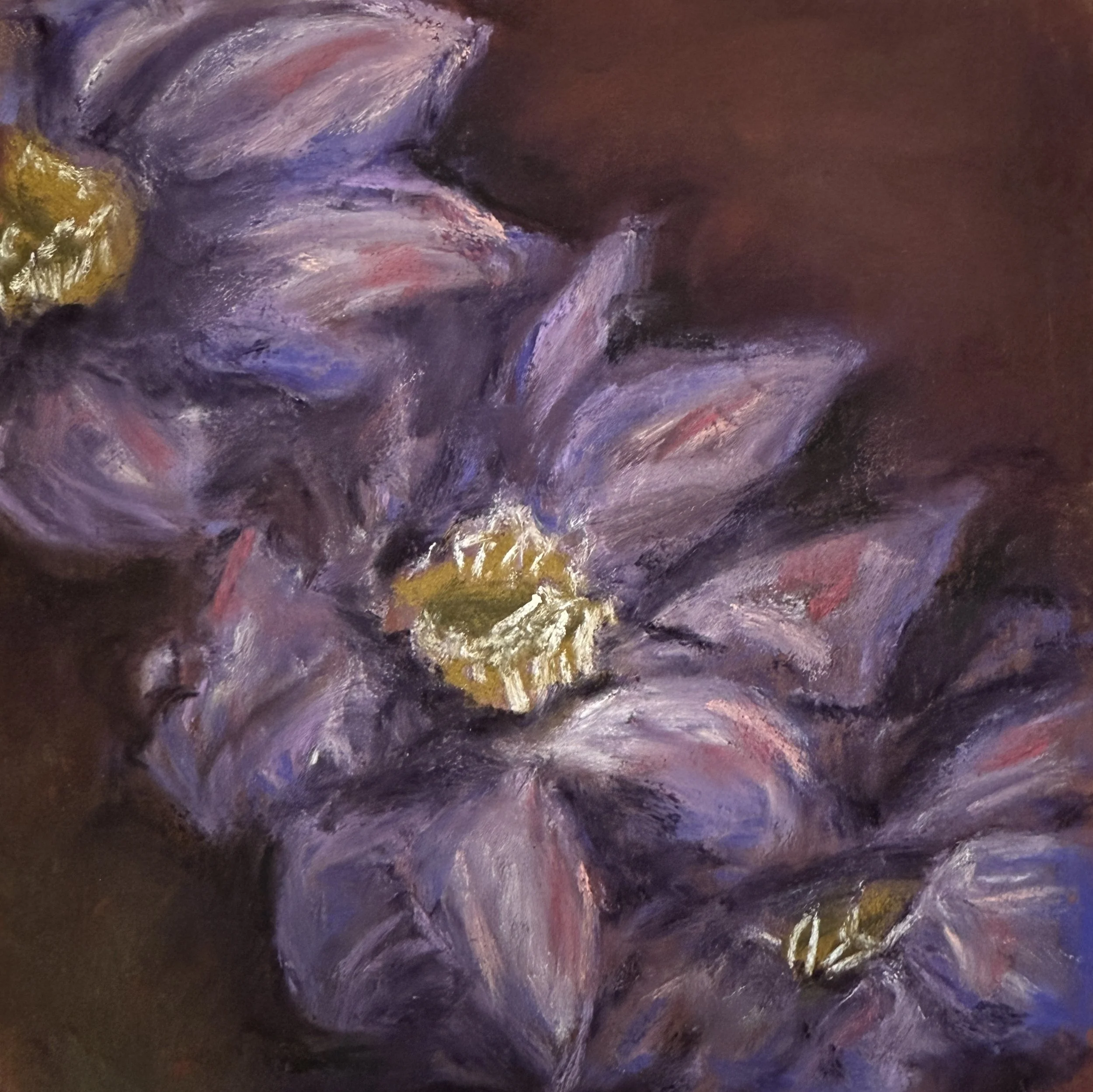 Abstract painting with dark purple, violet, pink, and hints of yellow and white brushstrokes.