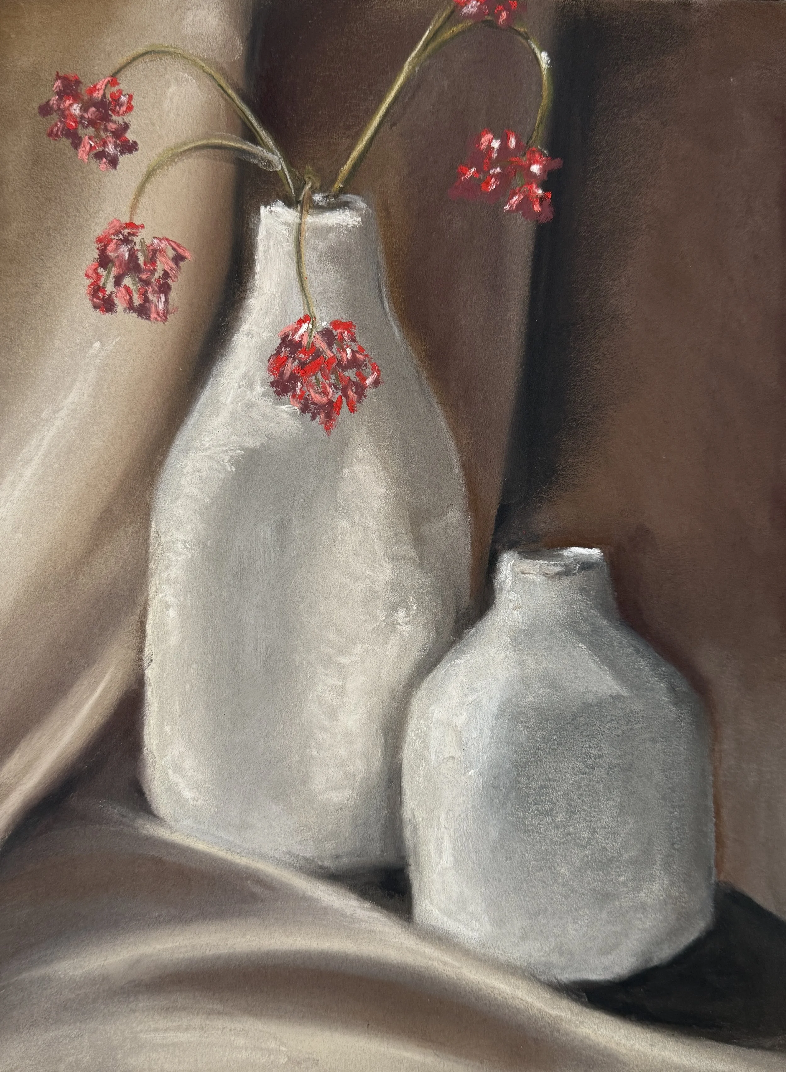 A still life painting of a white vase filled with red flowers, set against a dark, textured background with flowing drapery.