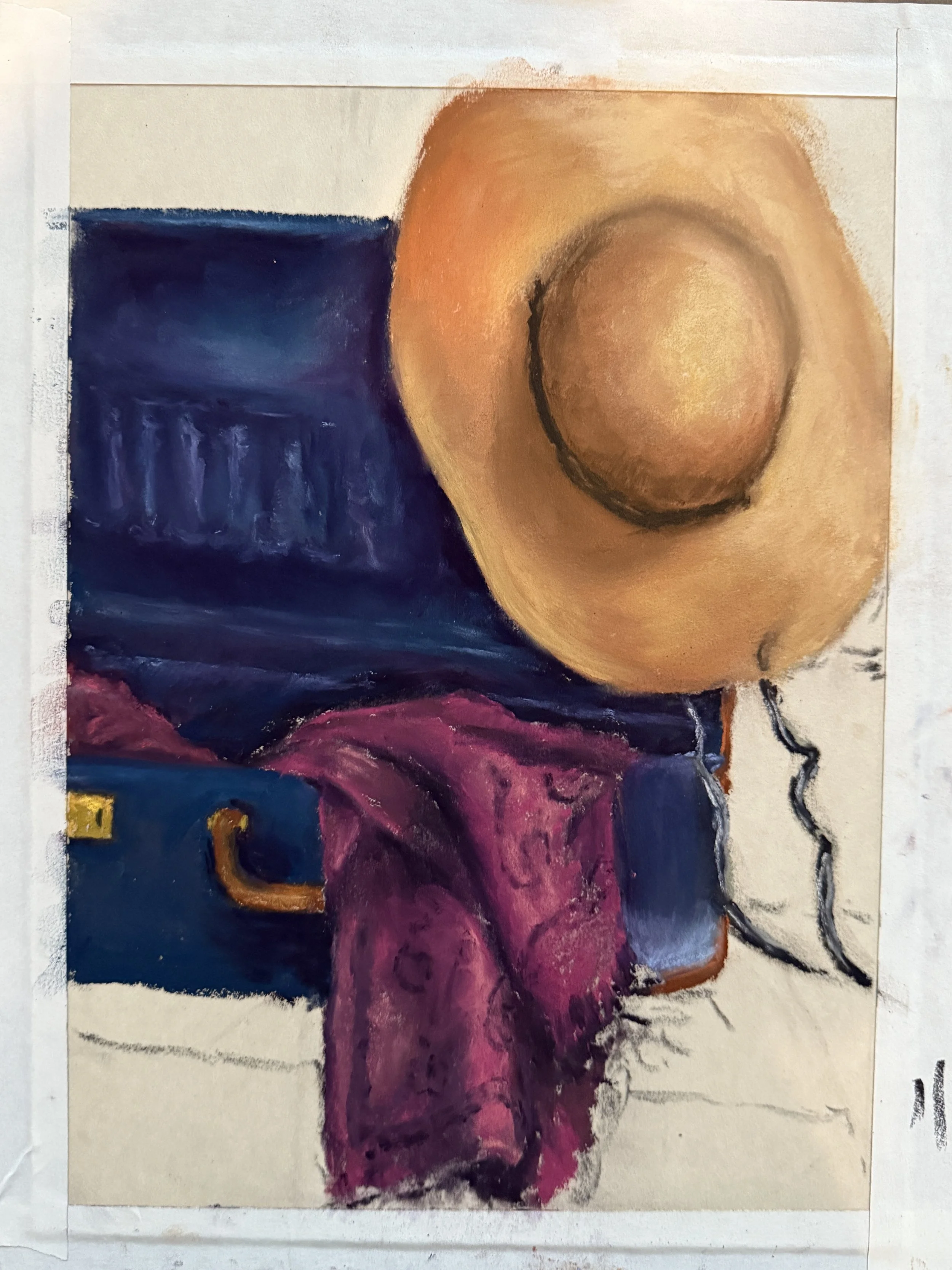 A colorful abstract painting with a large beige circle on the right, a dark blue background on the left, and purple, pink, and yellow accents.