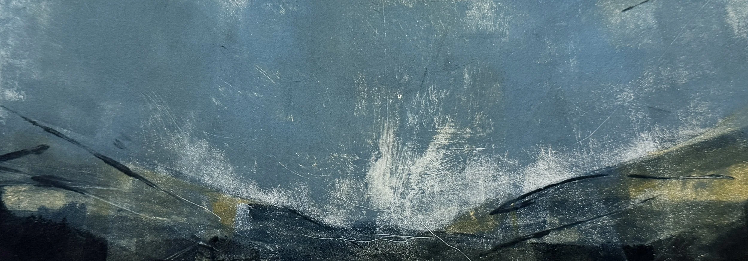 Close-up of a cracked, scratched blue surface with visible wear and small details.