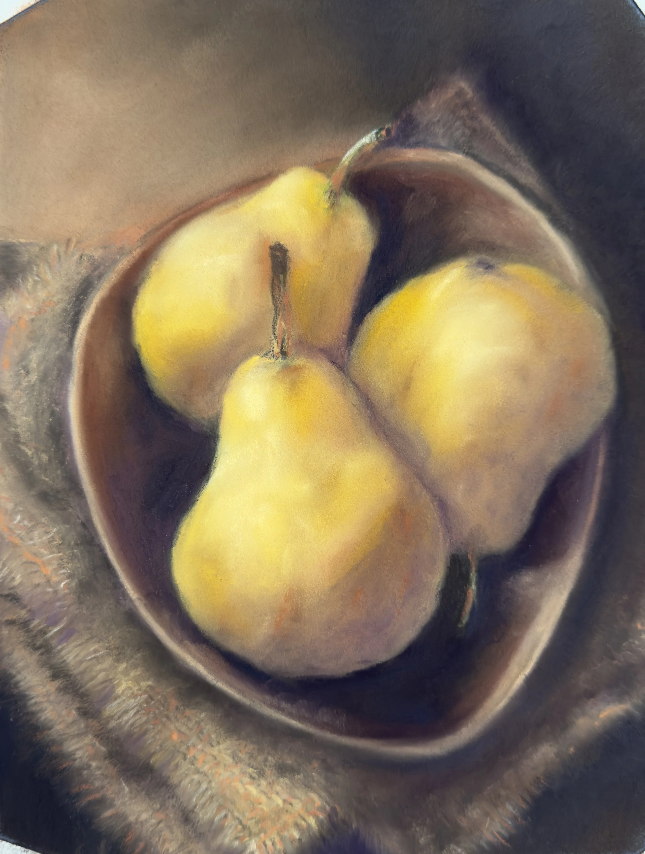 A still life painting of three yellow pears in a bowl on a dark background with a reflective surface.