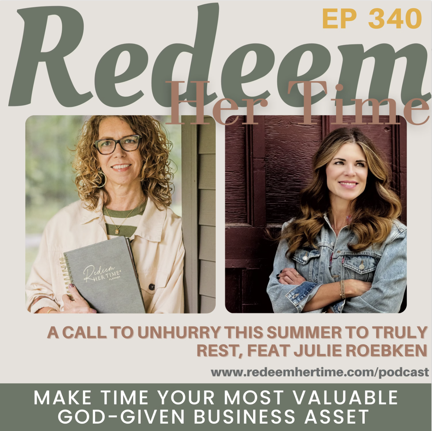 Podcast cover art for 'Her Time' featuring two women, one with curly hair and glasses holding a planner, and the other with styled hair and crossed arms, with text promoting rest and productivity.
