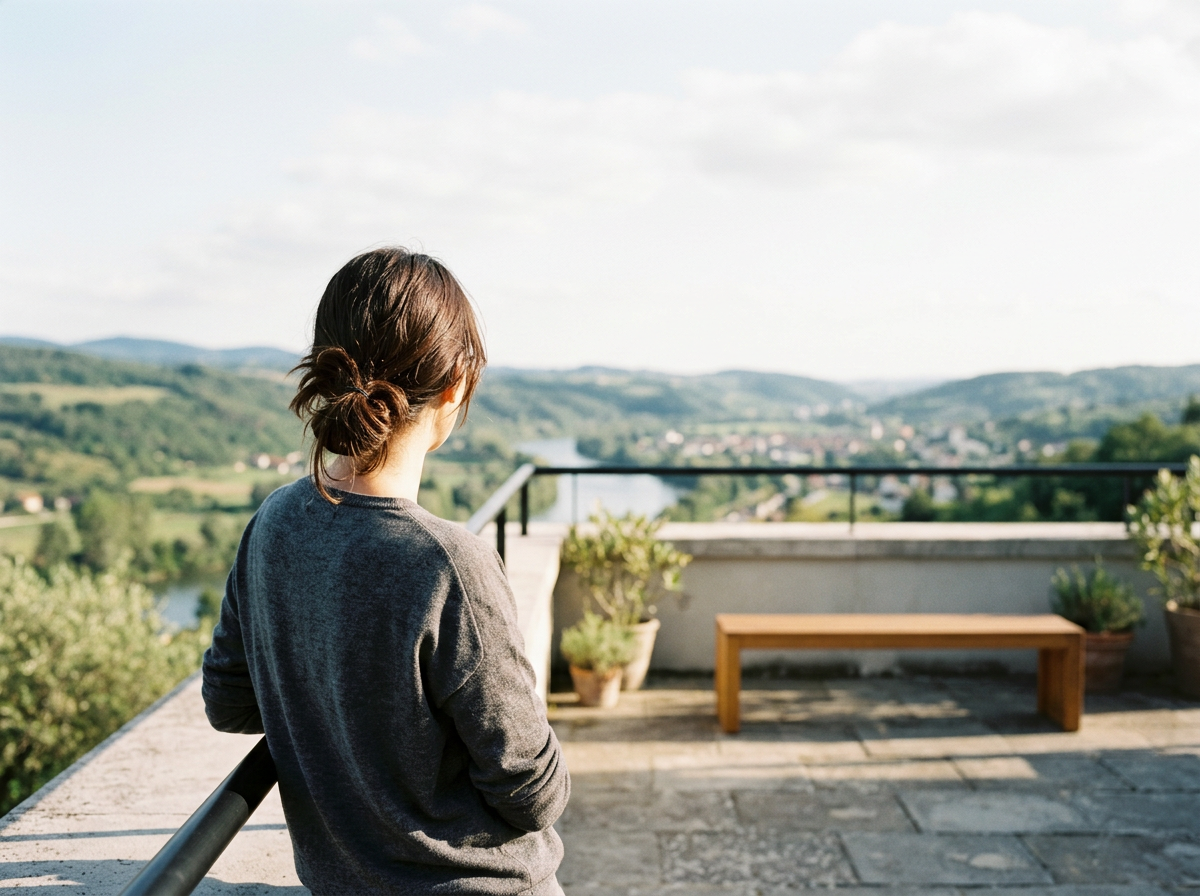 A person with brown hair tied in a loose bun, wearing a gray sweater, standing on a balcony overlooking a scenic landscape of hills, trees, and a river in the distance, during daytime.