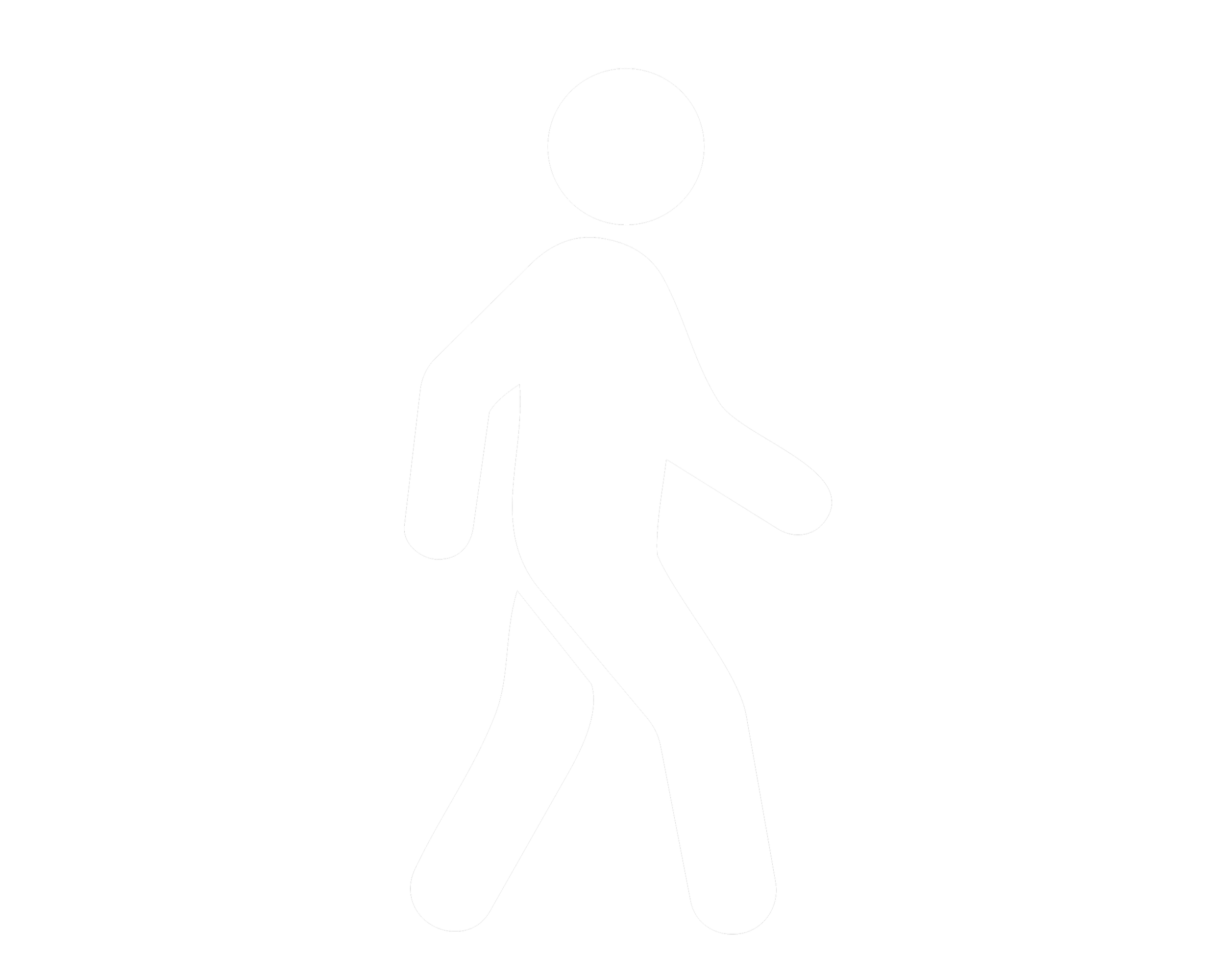 A black and white silhouette of a person walking, with the person depicted in white against a black background.