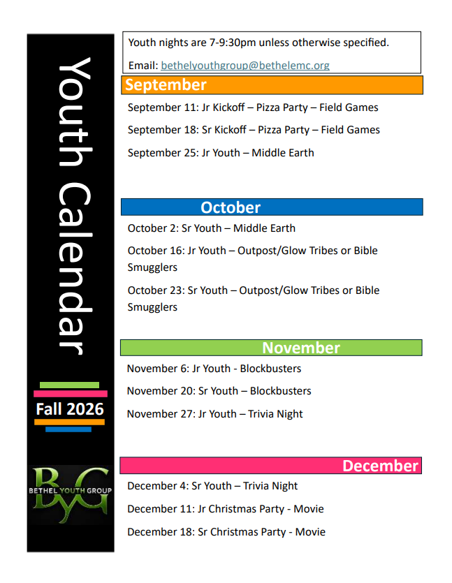 Youth calendar for Bethel Youth Group showing events from September to December 2026, including pizza parties, field games, movie nights, and Christmas parties, organized by month with color-coded headings.