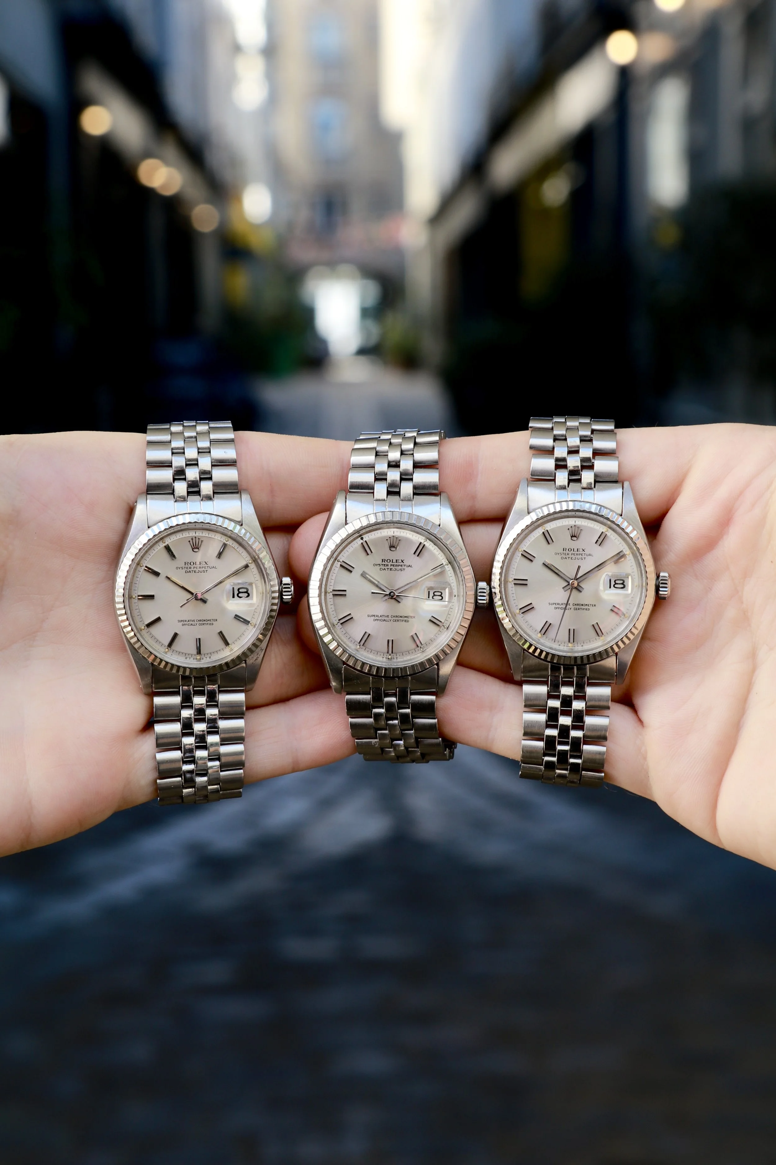 Trois Rolex Datejust : 1601 Wide Boy Sigma, 1601 sigma, 1603 Wide boy