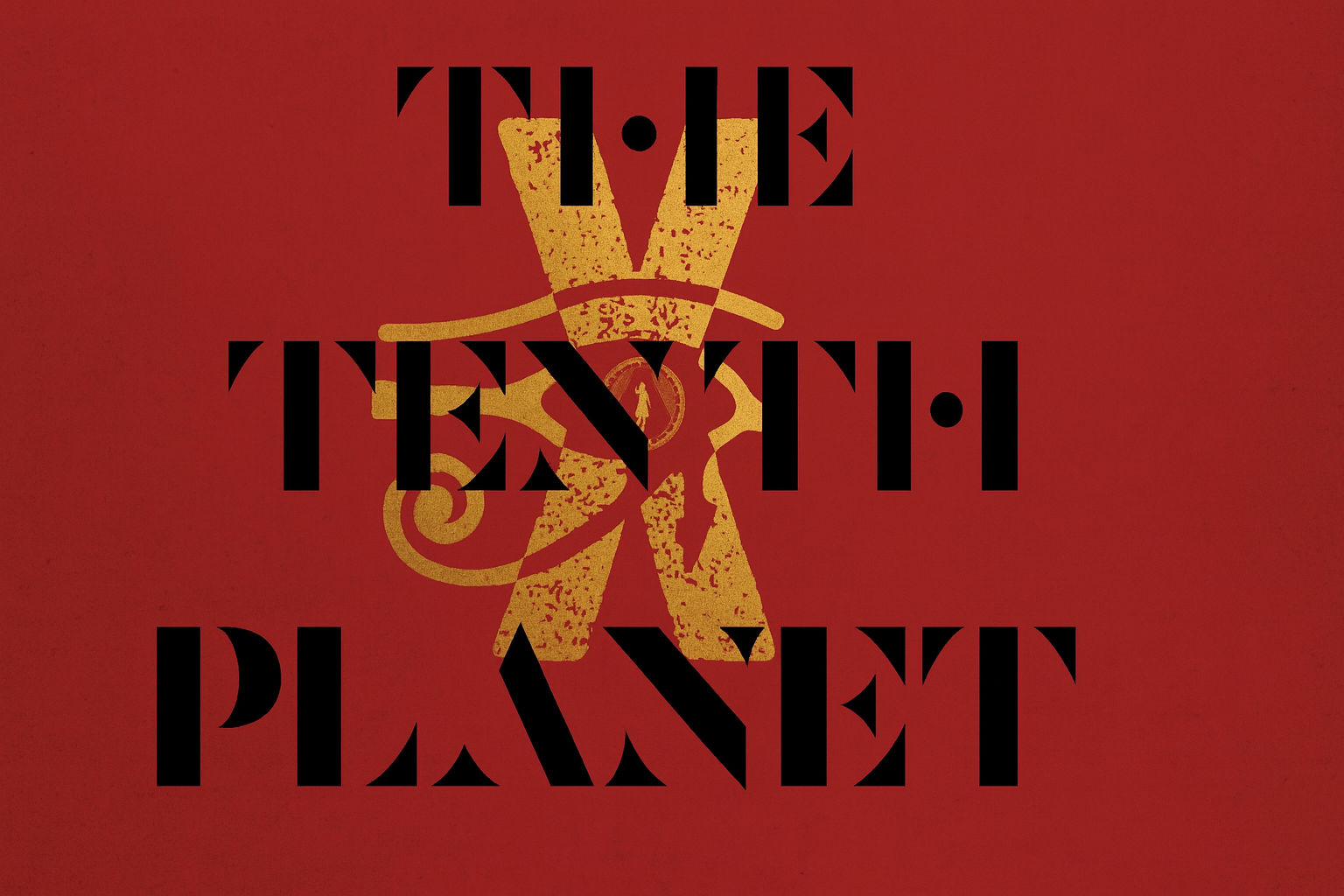 Text overlay reading 'The Tenth Planet' over a red background with a stylized yellow symbol in the center.