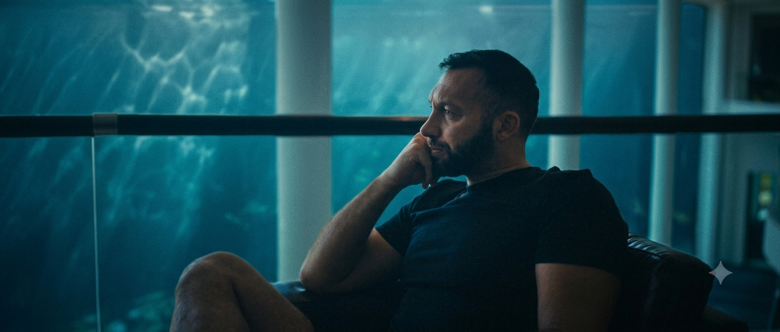 Man sitting on a couch with his hand resting on his chin, in a dimly lit room with large windows showing water outside.