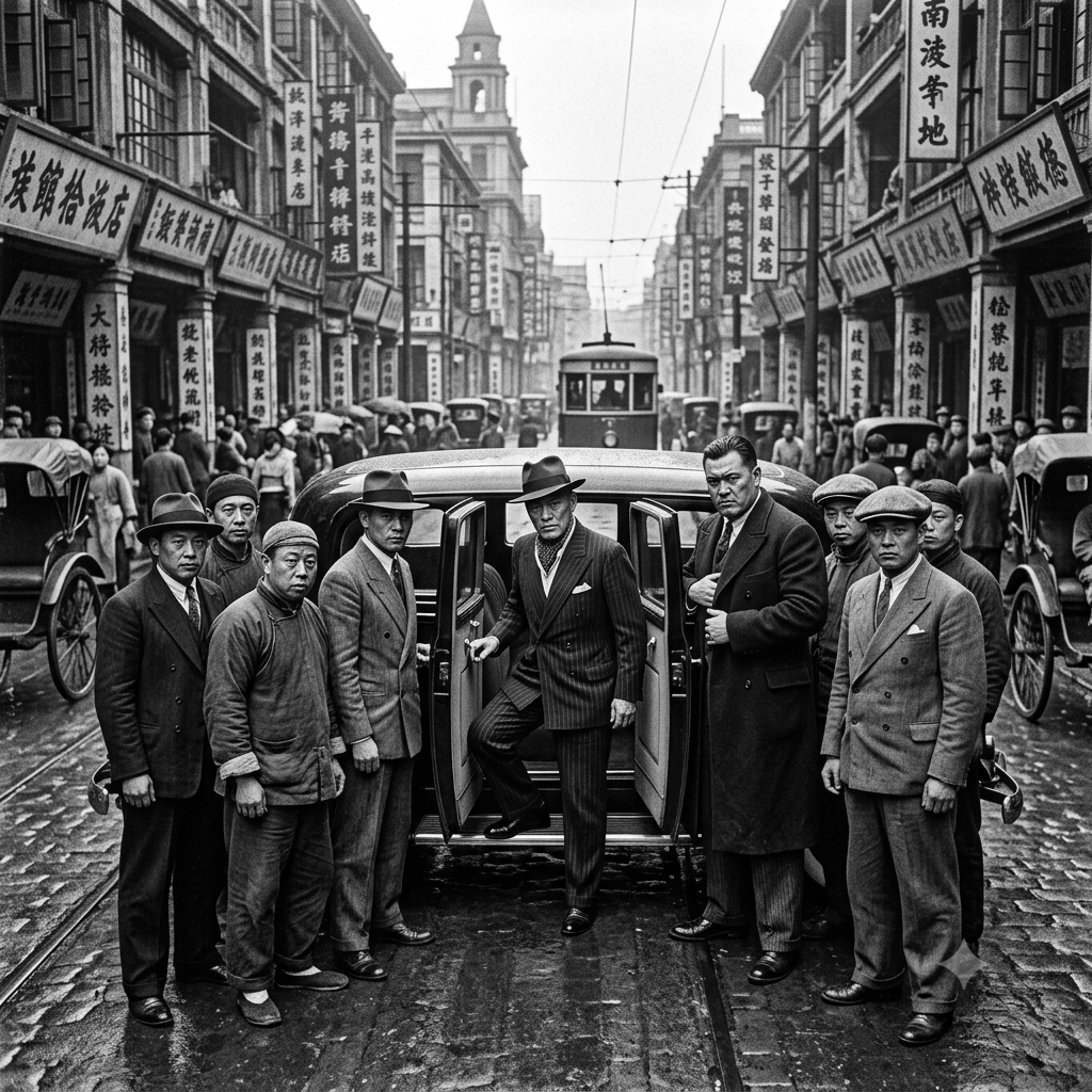 A black and white historical photograph showing a group of men in early 20th-century fashion standing around a vintage car on a busy city street with buildings, signs in Chinese, and trolley tracks.